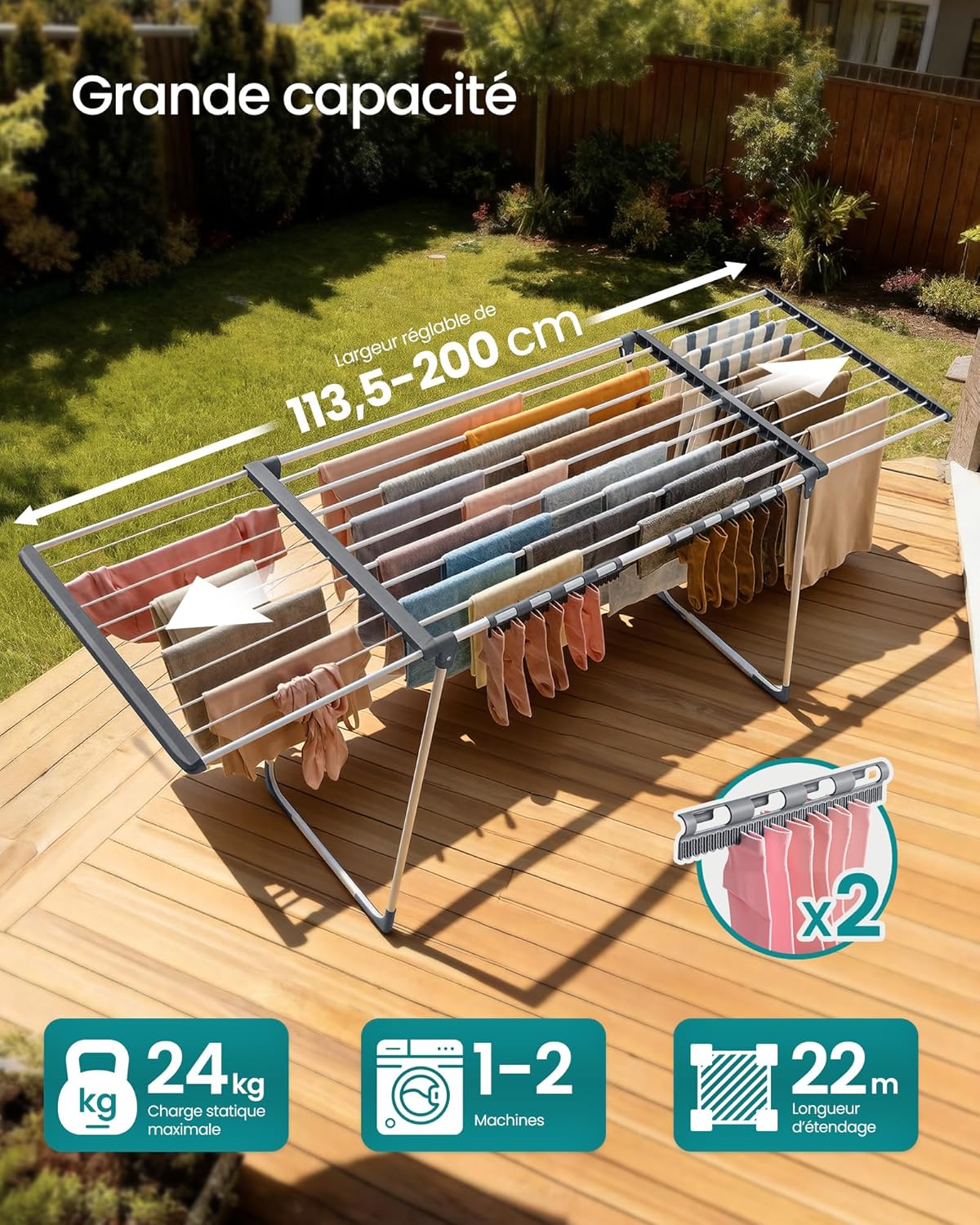 SONGMICS - étendoir pliable - 22 m - ailes extensibles, porte-chaussettes, LLR522WK01