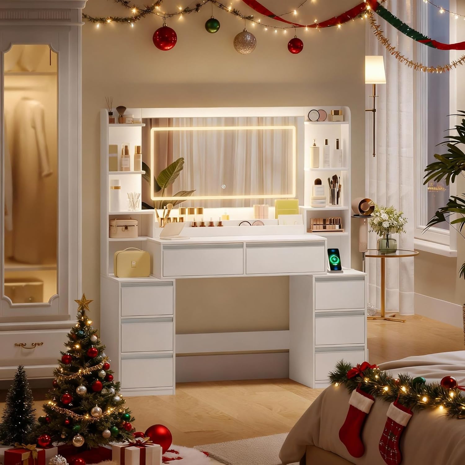 Coiffeuse - 135 cm - miroir LED, 8 tiroirs, prises, blanc-argent