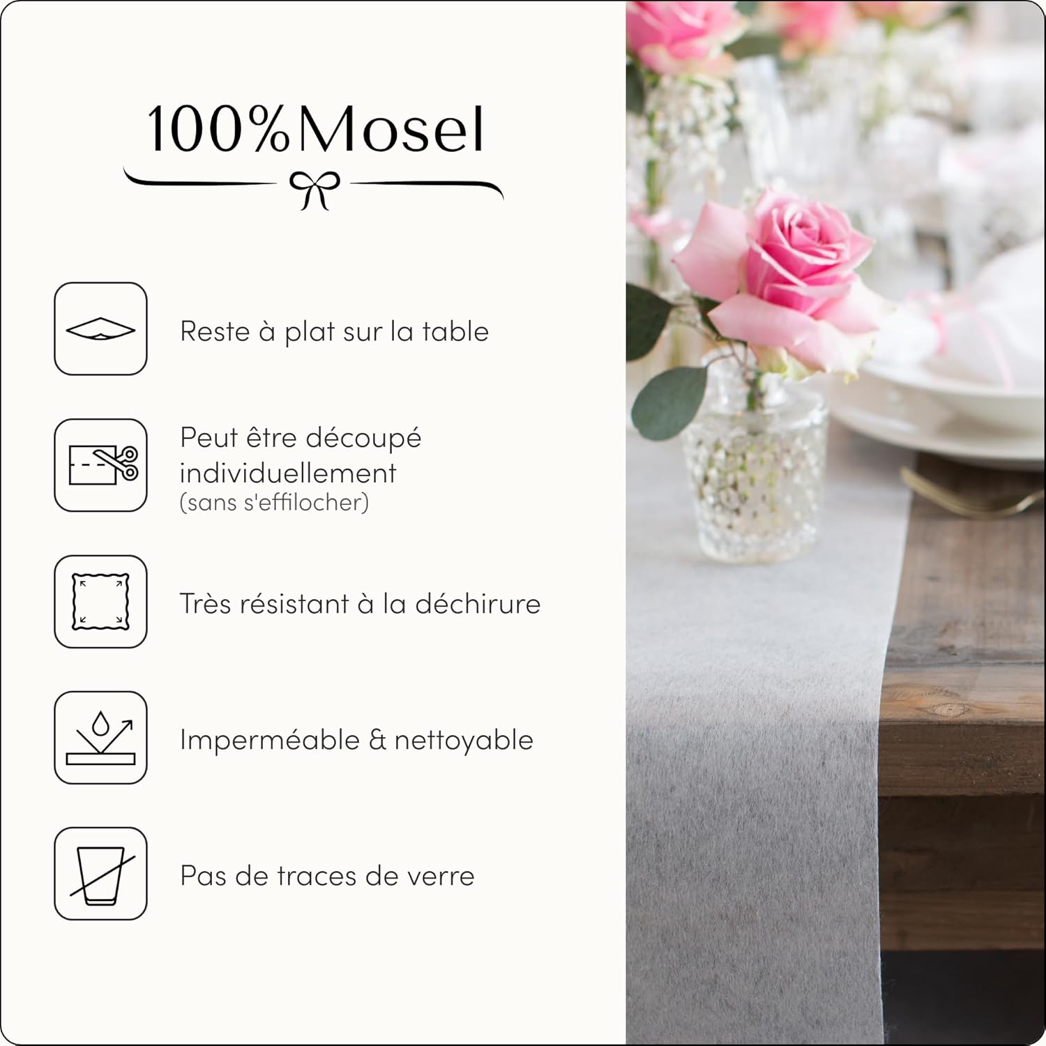 100%Mosel - chemin de table décoratif - 30x2500cm - tissu non tissé élégant, crème