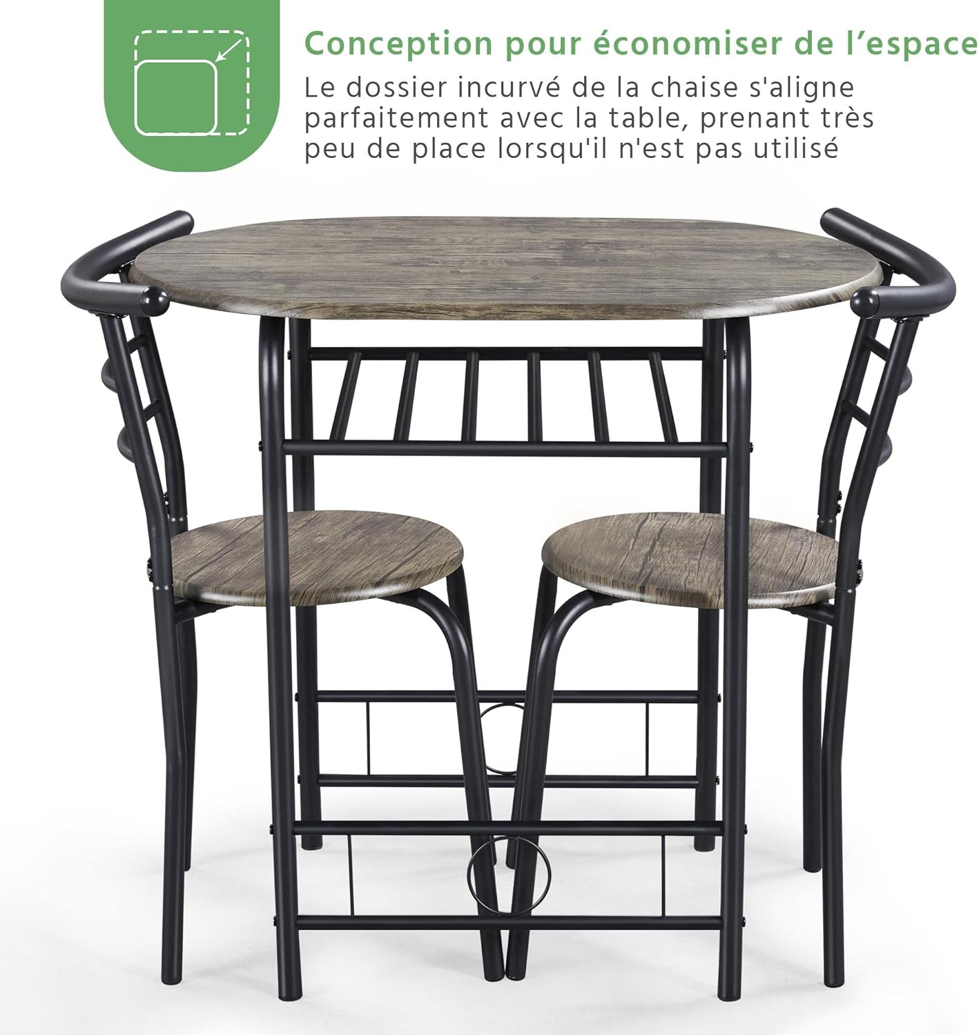 Yaheetech - ensemble table à manger 3 pièces - bois gris/noir - porte-bouteilles, compact