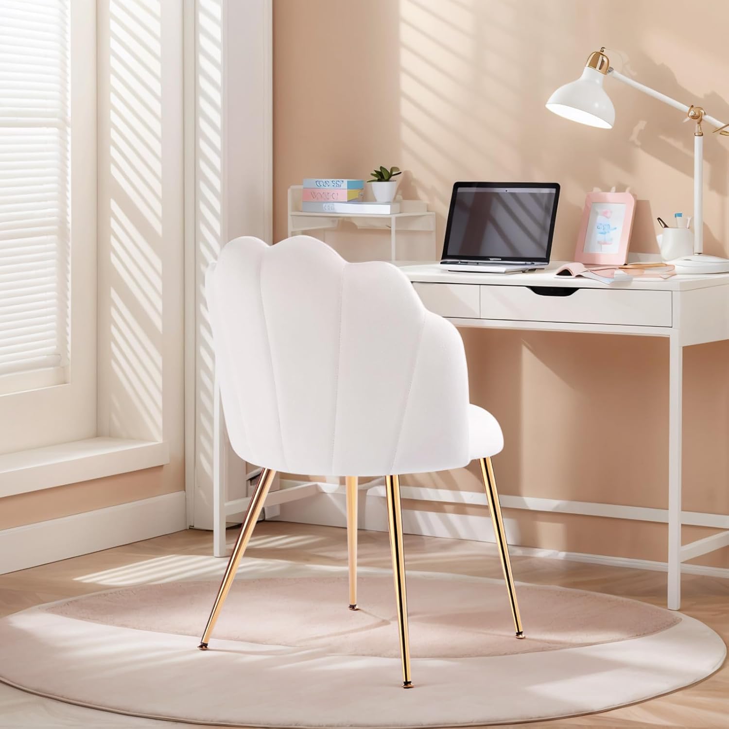Chaise de coiffeuse - velours, pieds métal doré - design coquillage, adulte, chambre, beige/blanc