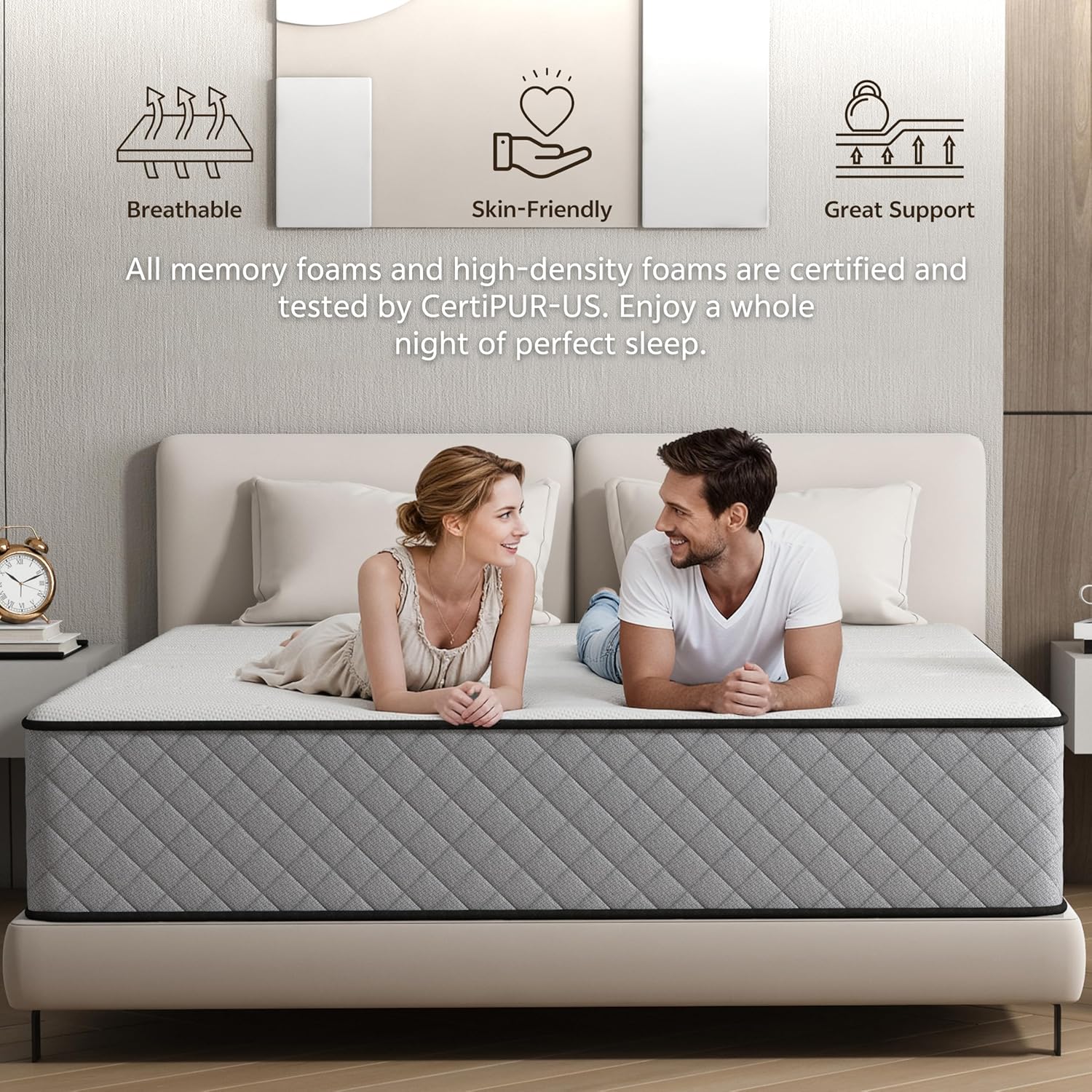 Matelas double - ressorts ensachés, mémoire de forme - 160x190 cm - ergonomique, respirant, soutien H3