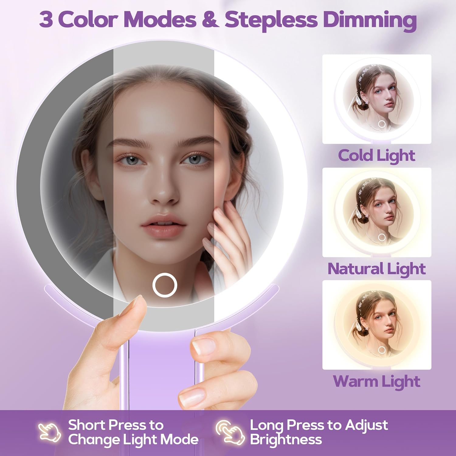 B Beauty Planet - miroir maquillage double face 30x/1x, pliable, éclairage LED, violet