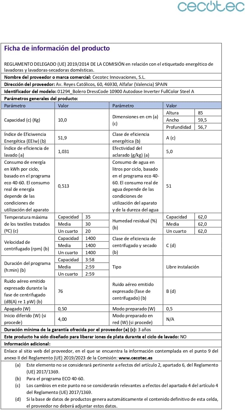 Cecotec - Bolero DressCode série - 10 kg, 1400 tr/min, écran 10,3