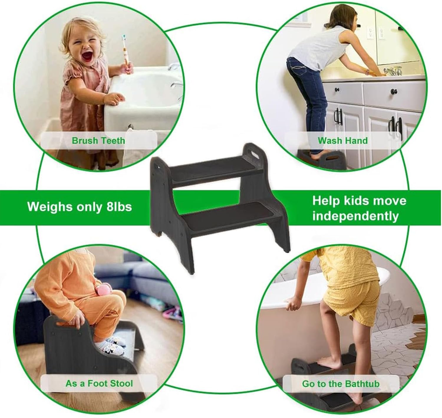 StrongTek - tabouret 2 marches bois - poignée portable, antidérapant, 180 kg, surface sécurisée - noir