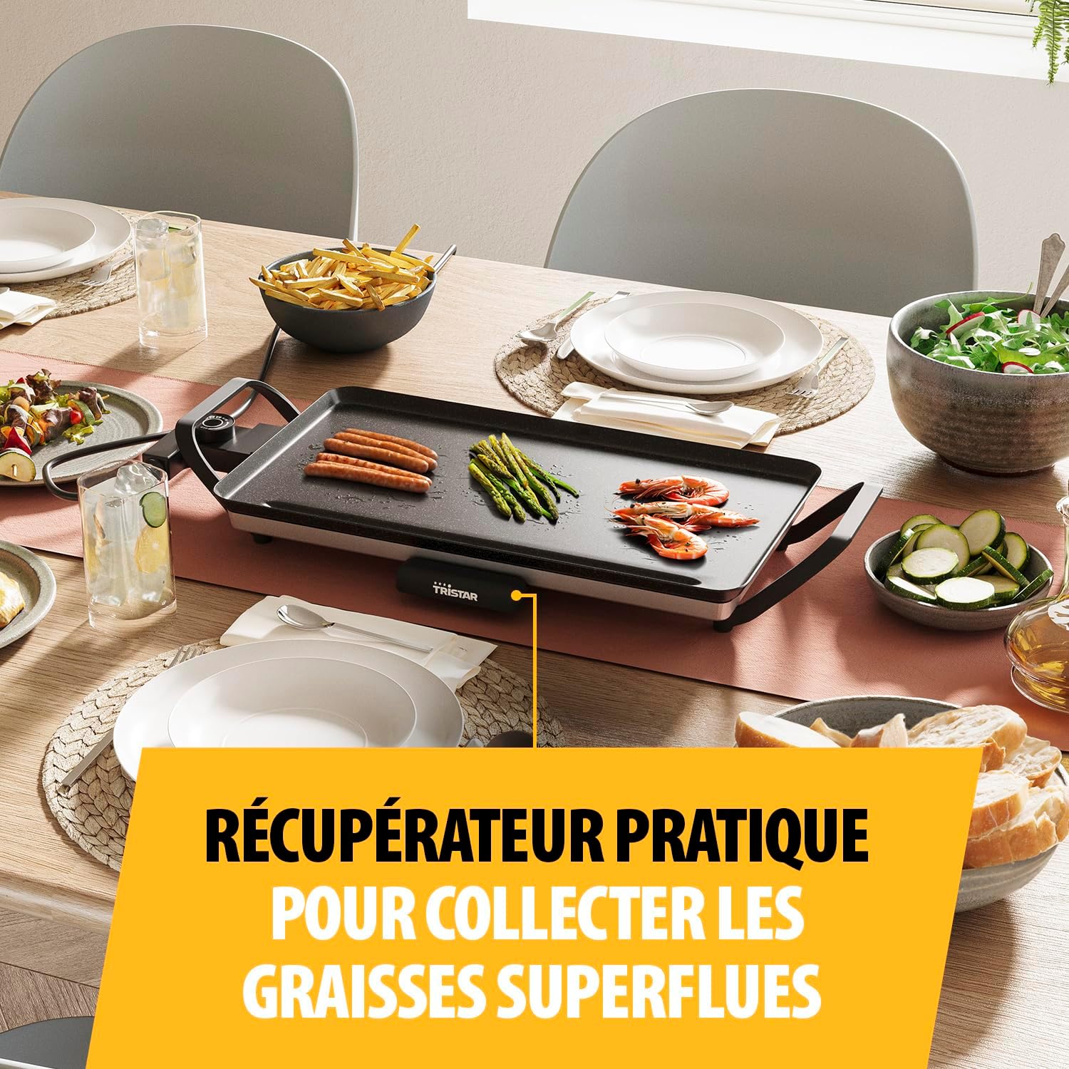 Tristar - Table Grill Slim M - 46x26 cm - Thermostat réglable, poignées amovibles, revêtement antiadhésif - BP-2667