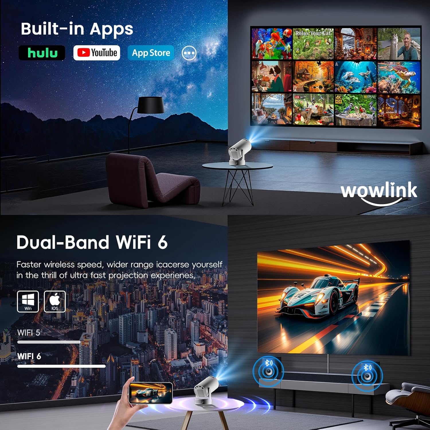 Vidéoprojecteur compact WiFi 6 Bluetooth 5.4 4K 180° AUTO KEYSTONE