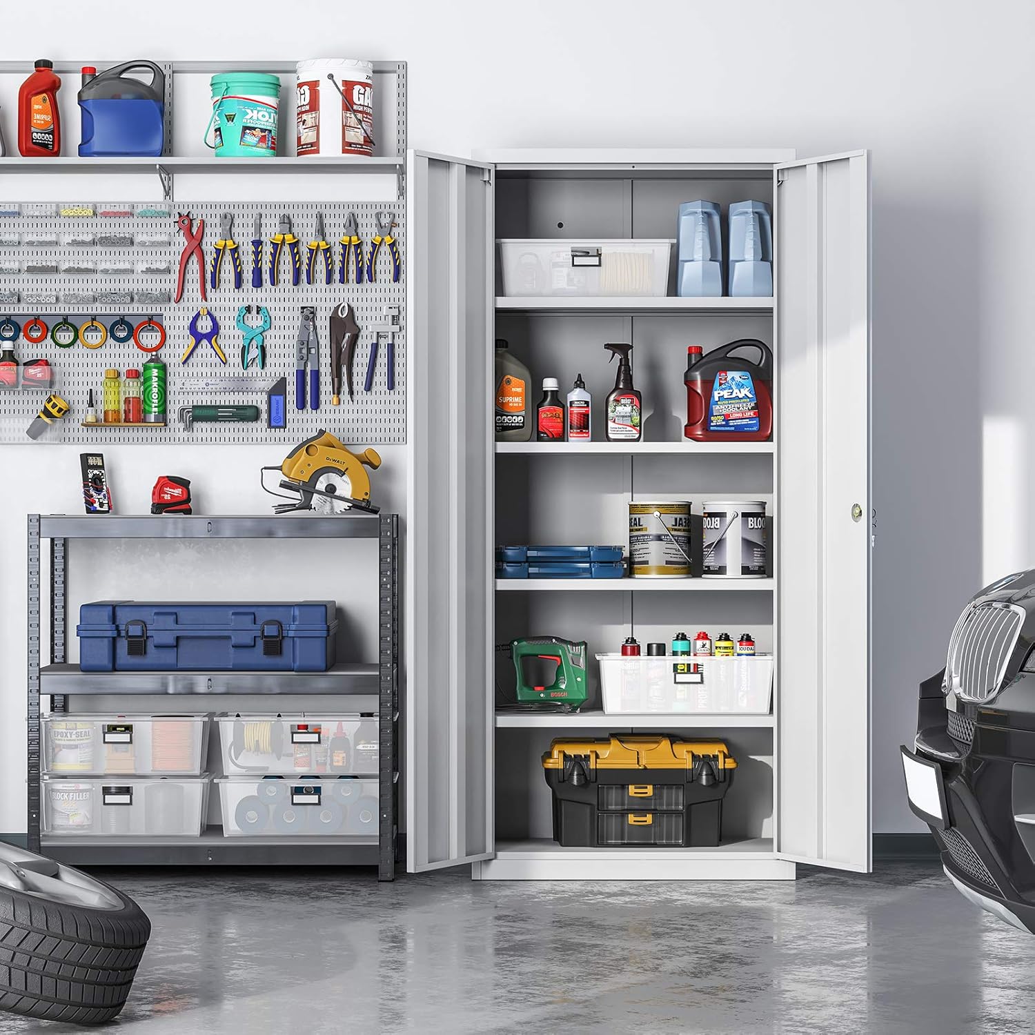 SONGMICS - meuble de rangement bureau acier 40x80x180cm, 5 niveaux, portes doubles, serrure, OMC015G01