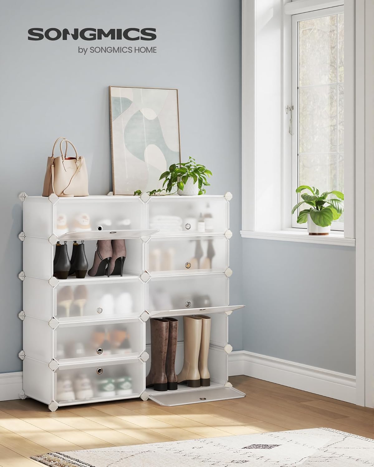 Songmics - étagère à chaussures 10 niveaux, plastique PP, enfichable, porte, DIY, blanc - LPC010WH01