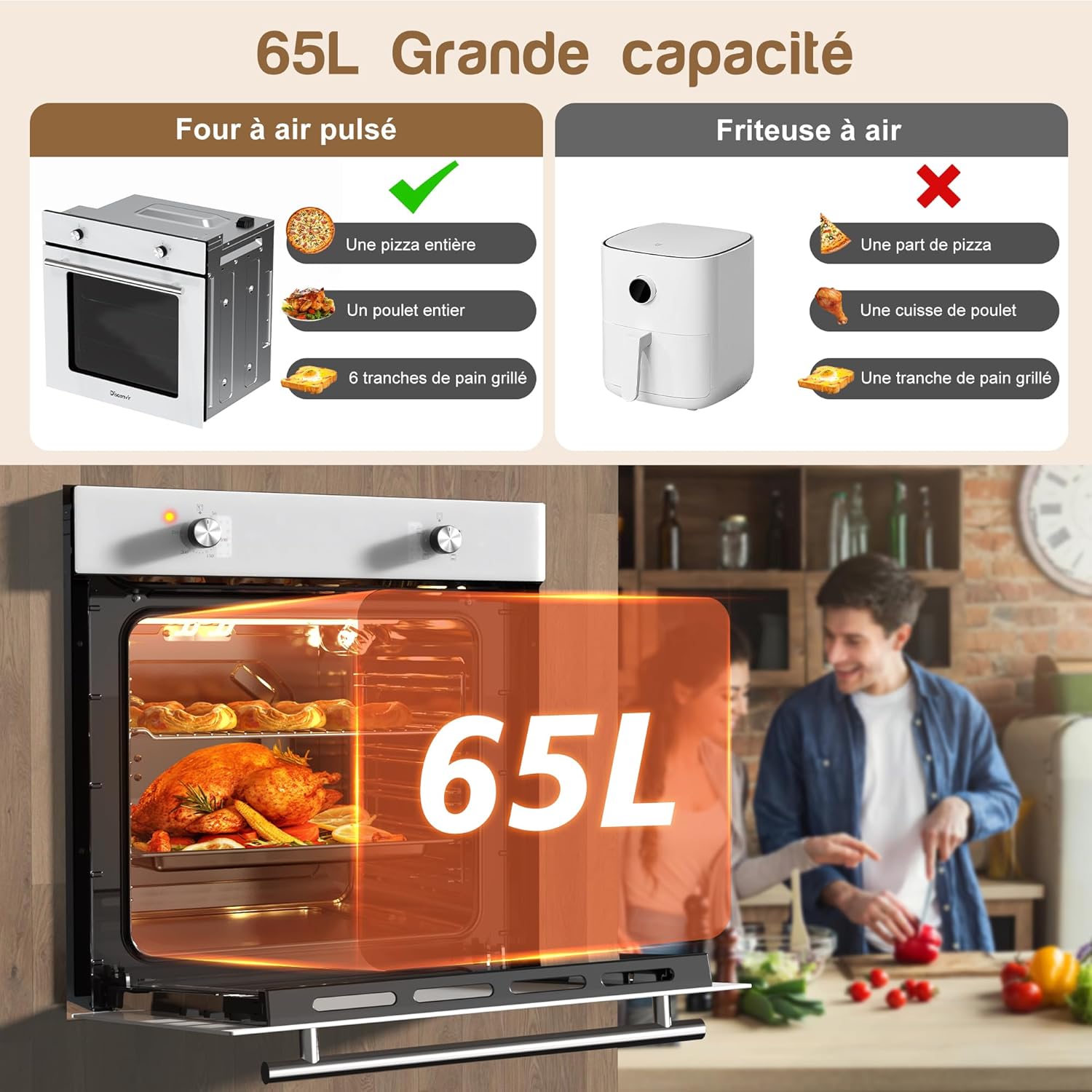 Disaenvir - four encastrable blanc 60 cm - vapeur, pizza, 65L, 3D, 4 fonctions