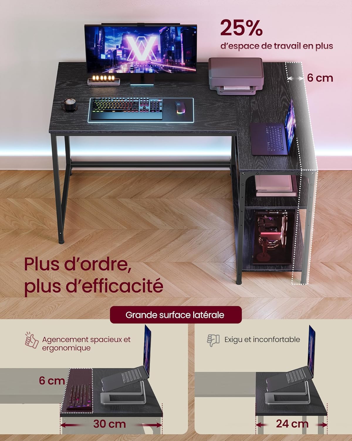 VASAGLE - bureau gaming LWD135BE01 - 110x80cm - étagères réglables, rangement