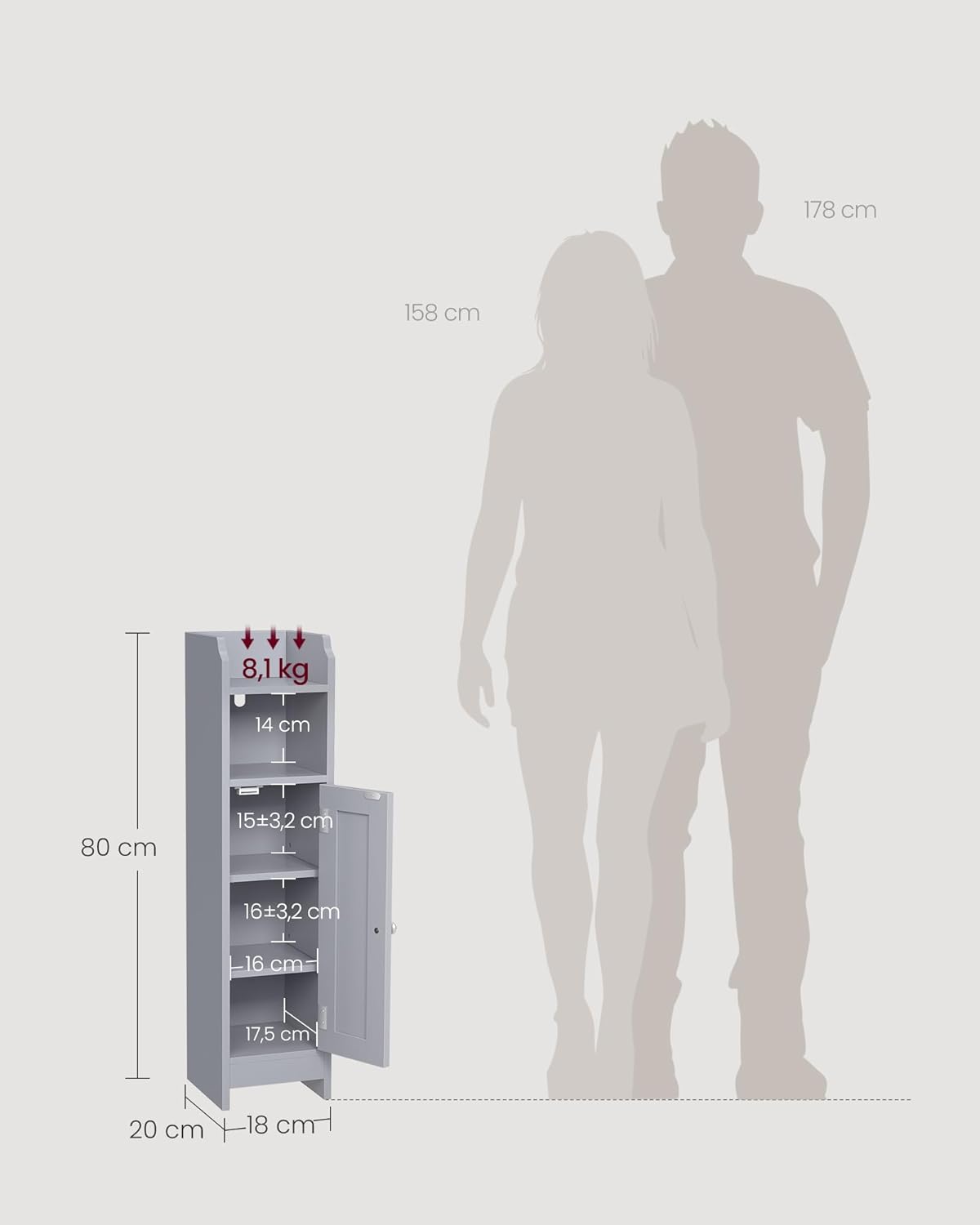 VASAGLE - armoire d’angle BBC310P36 - 20x18x80cm - étagères réglables, porte
