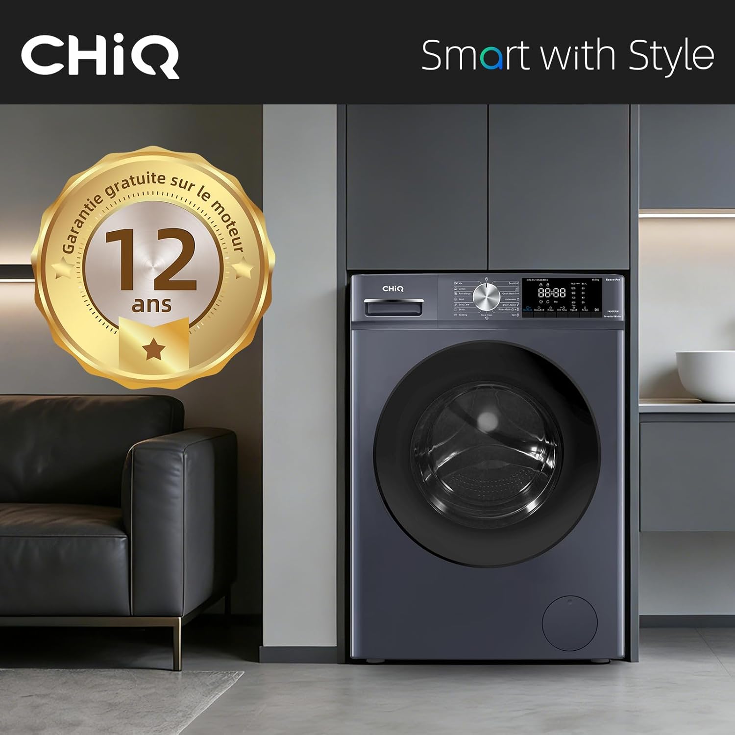 CHiQ - Lave-linge frontal 8 kg, 1400 tr/min, vapeur, IA, CFL80-14586IM3XA