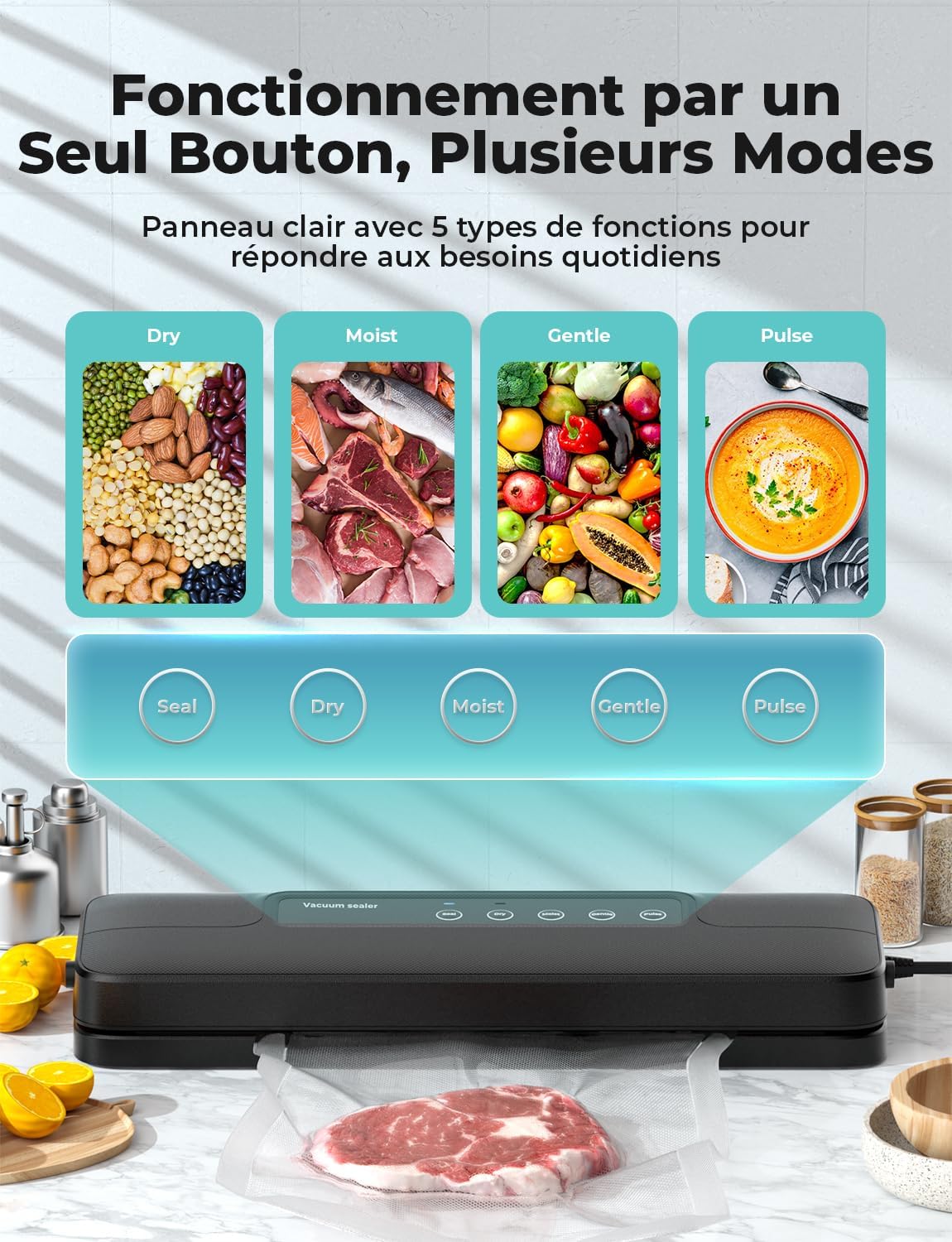 Machine sous vide alimentaire - 5 en 1, sec/humide, 10 sacs inclus, noir