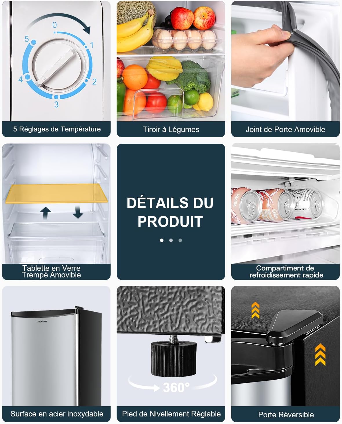 Upstreman - mini réfrigérateur 91L, congélateur, inox, thermostat réglable - BR321