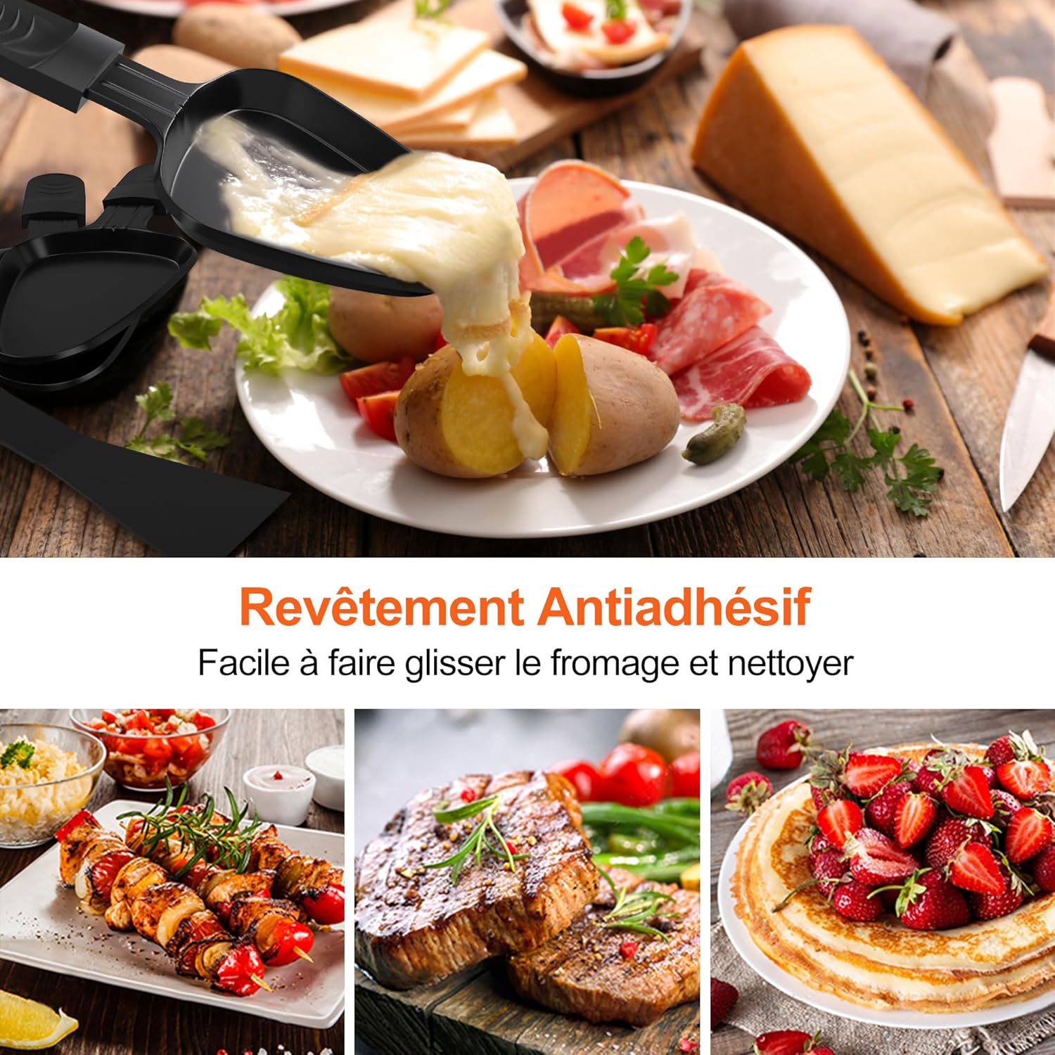 Poêlon raclette triangulaire - 8 coupelles, anti-adhésif, poignées isolantes, spatules nylon, passe au lave-vaisselle