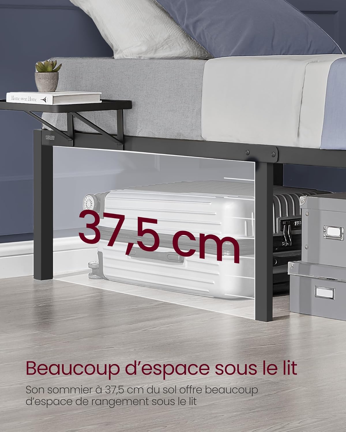 VASAGLE - Cadre de lit double série RMB - 140x200 cm, métal, étagères de rangement, montage facile RMB094B01V1