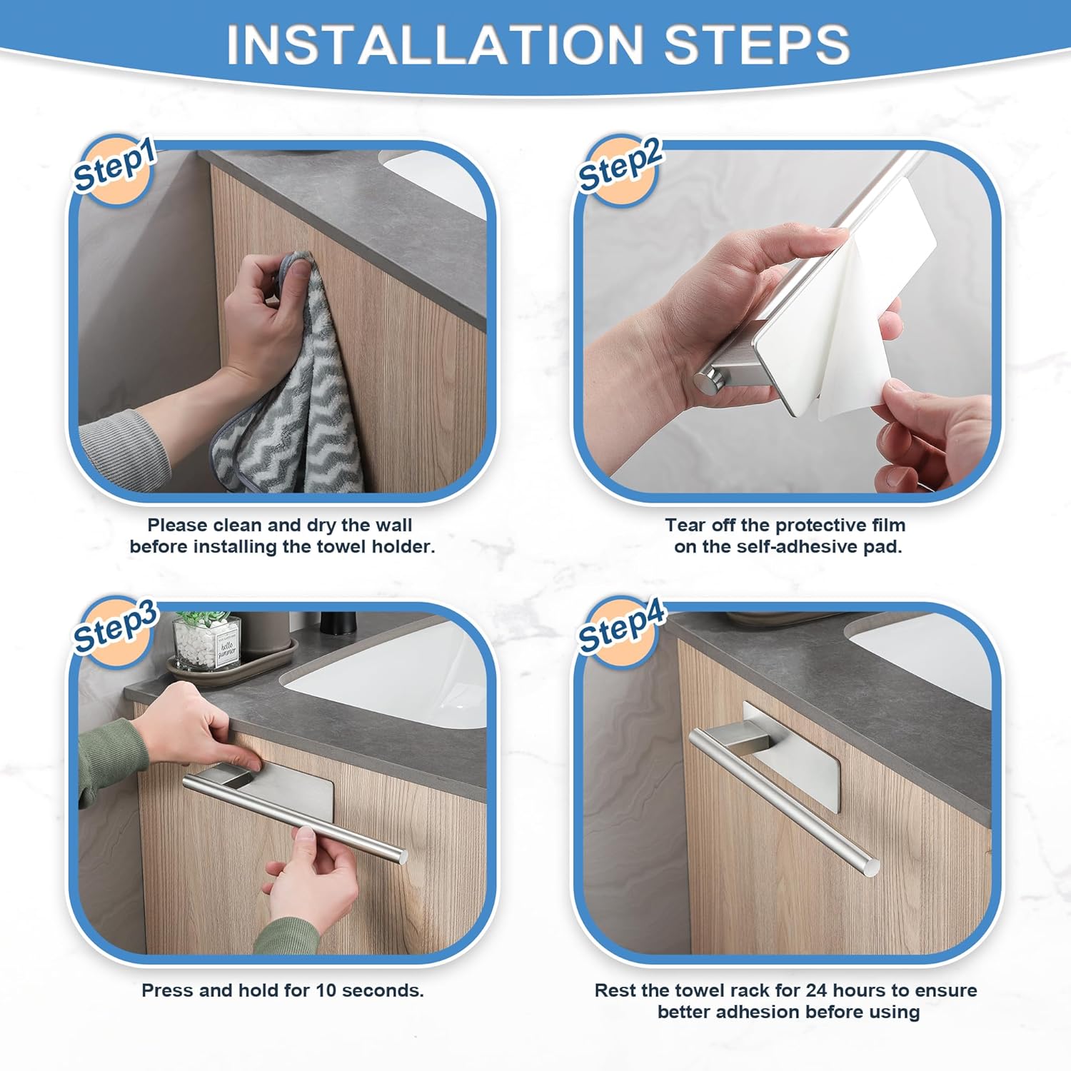 Porte-serviettes mural - inox 304, adhésif, 1 bras, argent brossé, salle de bain/cuisine