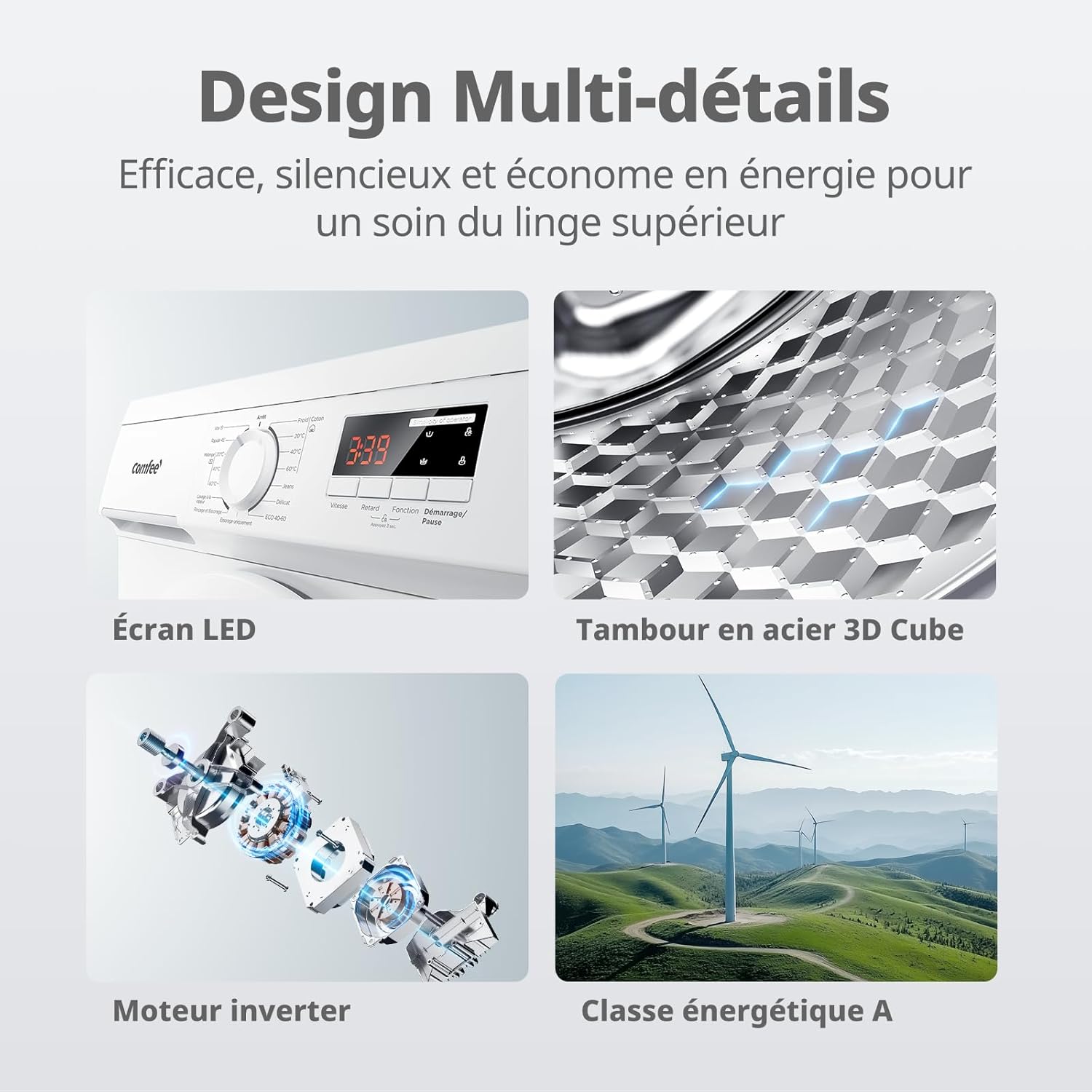 Comfee - lave-linge frontal 9kg, Classe A, BLDC 1400tr, 15 programmes, CFE12EW90-W