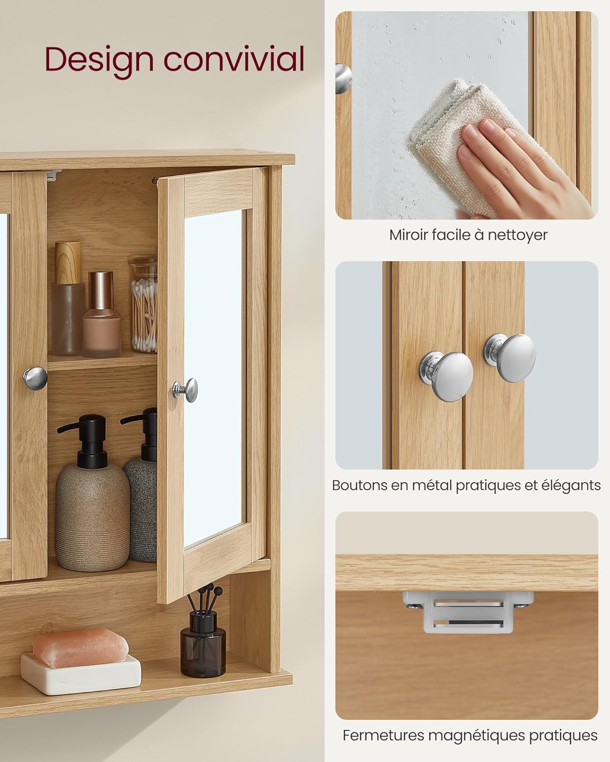 VASAGLE - armoire murale salle de bain - 13x56,5x58,5cm - 2 portes miroir et étagère réglable LHC003Y01