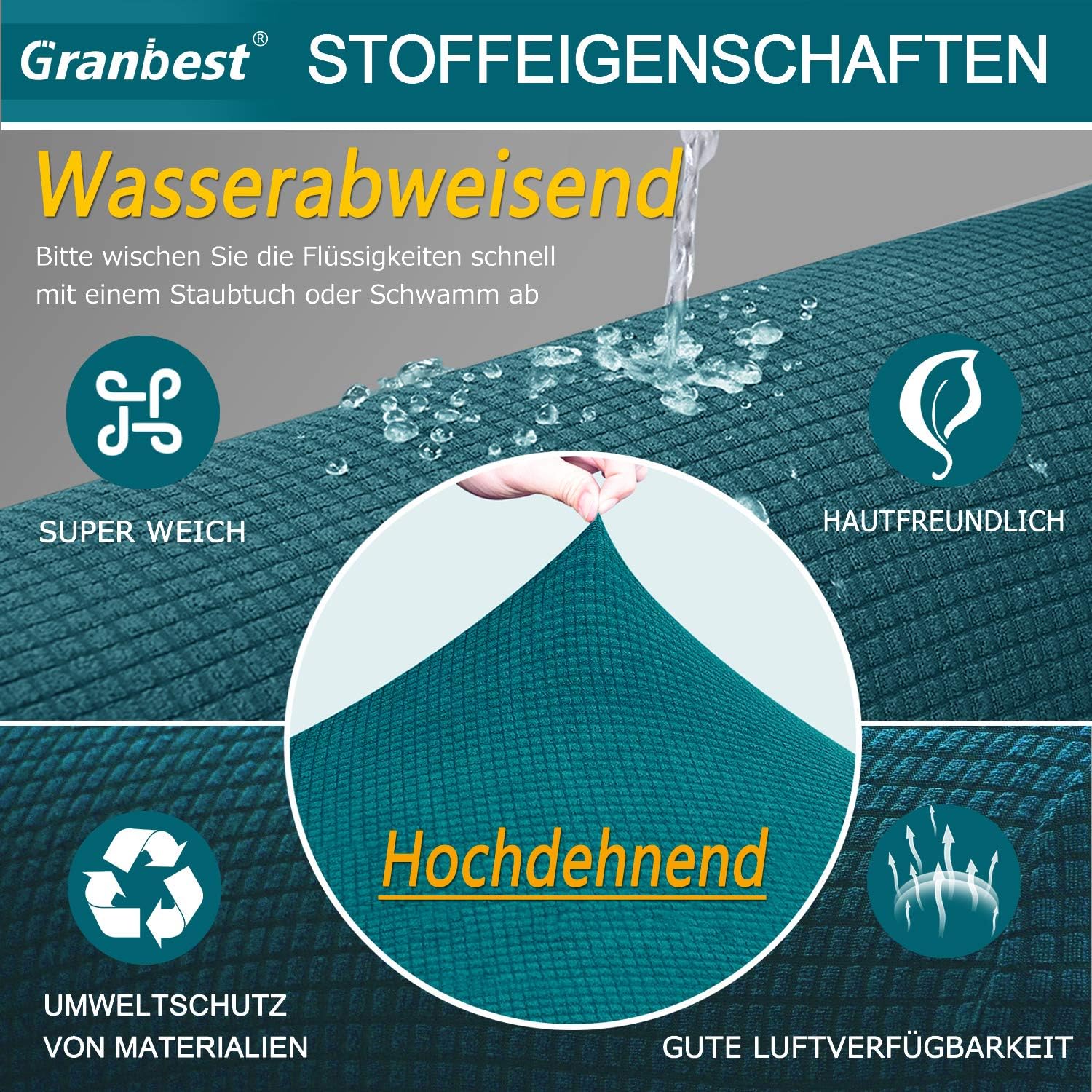 Granbest - Housse canapé imperméable, 4 places, bleu-vert, élastique durable