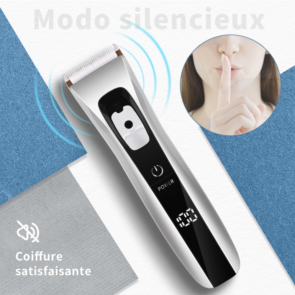 Tondeuse cheveux professionnelle sans fil, lame céramique/titane, 8 sabots, réglable