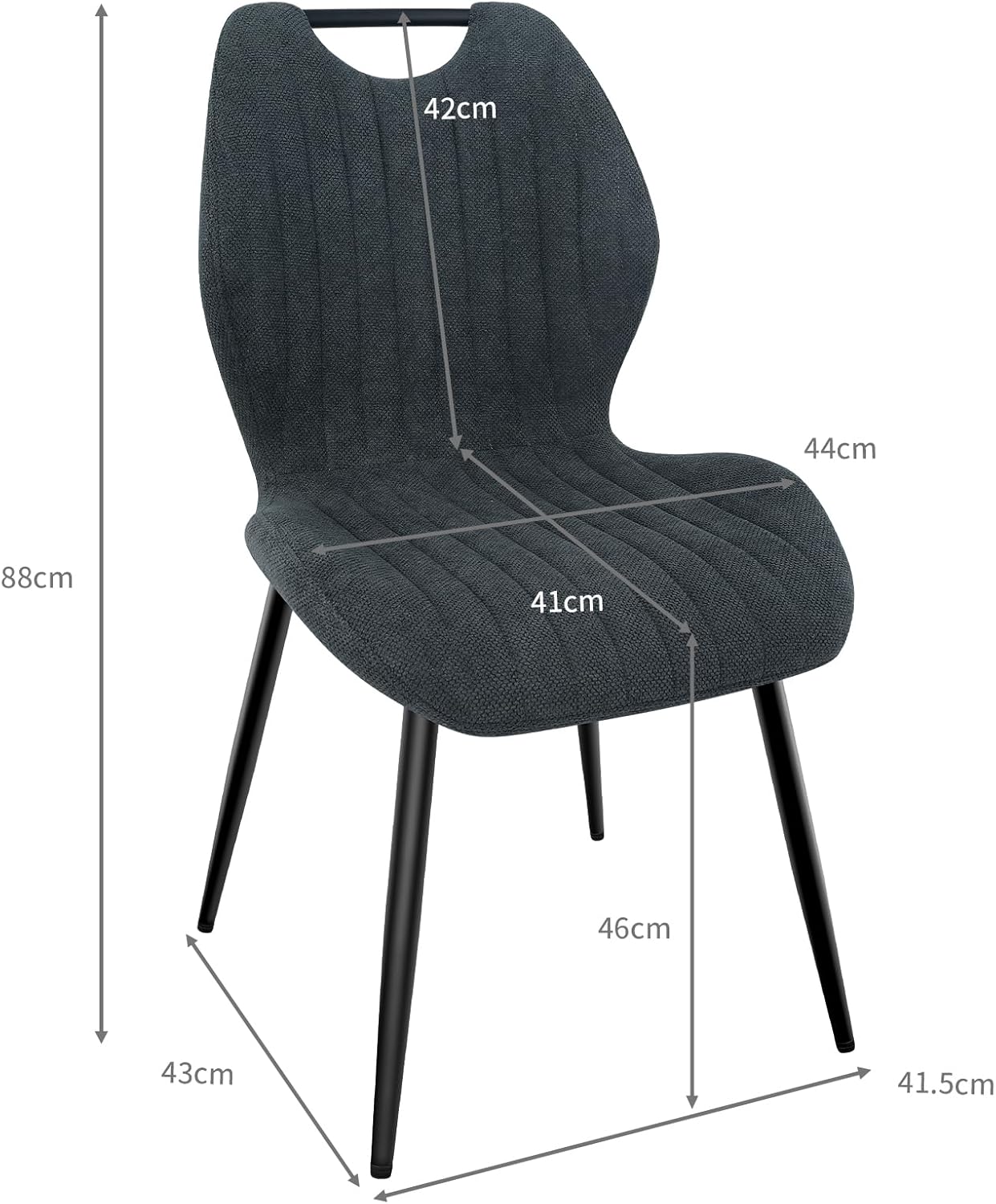 Chaises de salle à manger - lot de 2 - tissu gris foncé, pieds métal, dossier rembourré - dimensions compactes