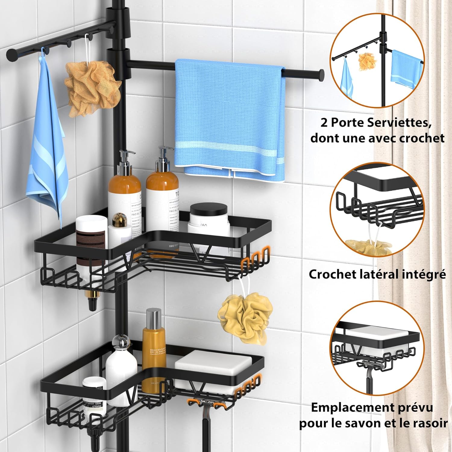 Etagere Douche - angle télescopique, inox, porte-serviette, crochets, noir