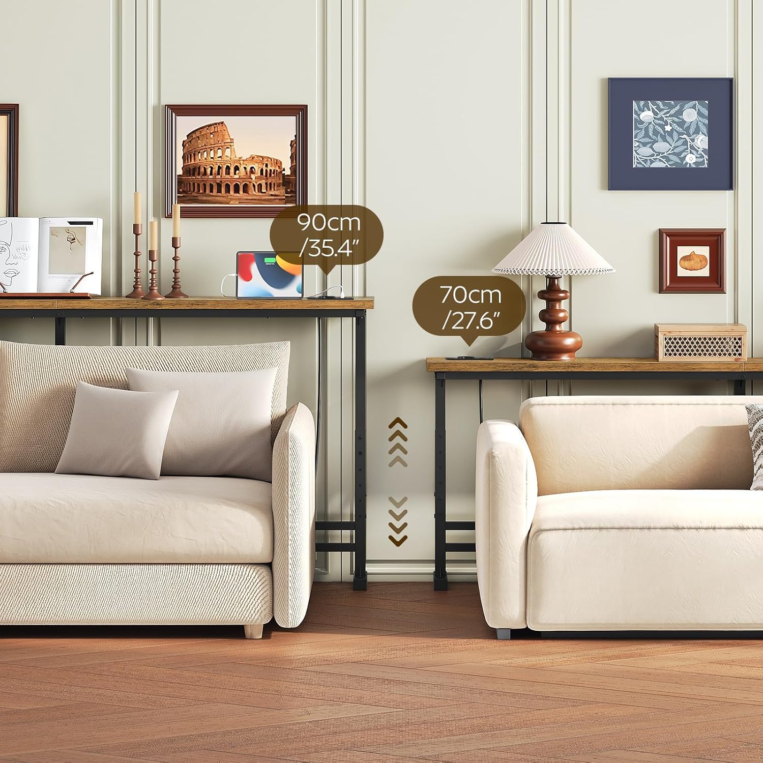 Table console longue - style rustique, 180cm, avec multiprise, prise USB/USB-C, XCT08CBR