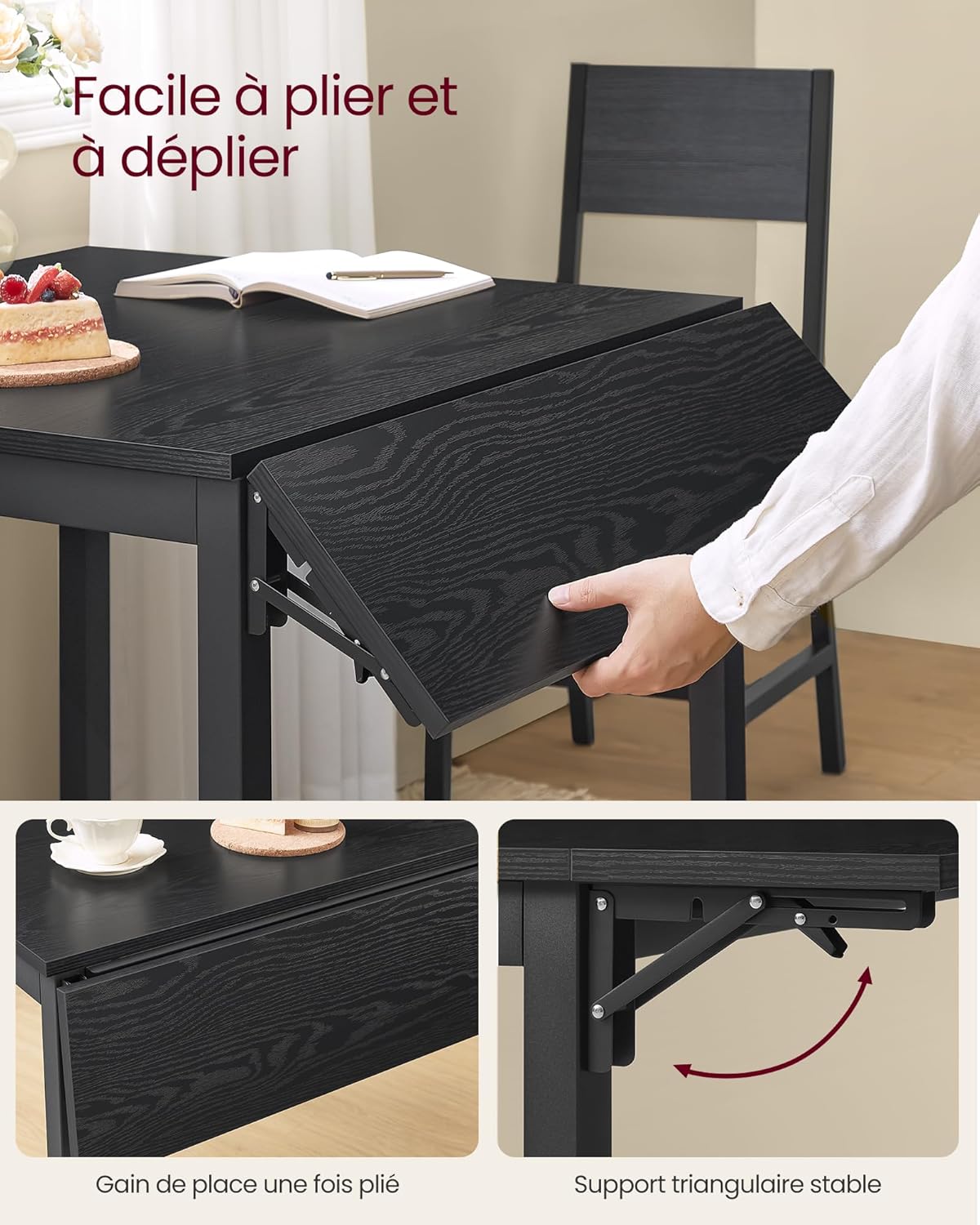 VASAGLE - table pliante rectangulaire, 2-4 pers, noir, compacte KDT077B03