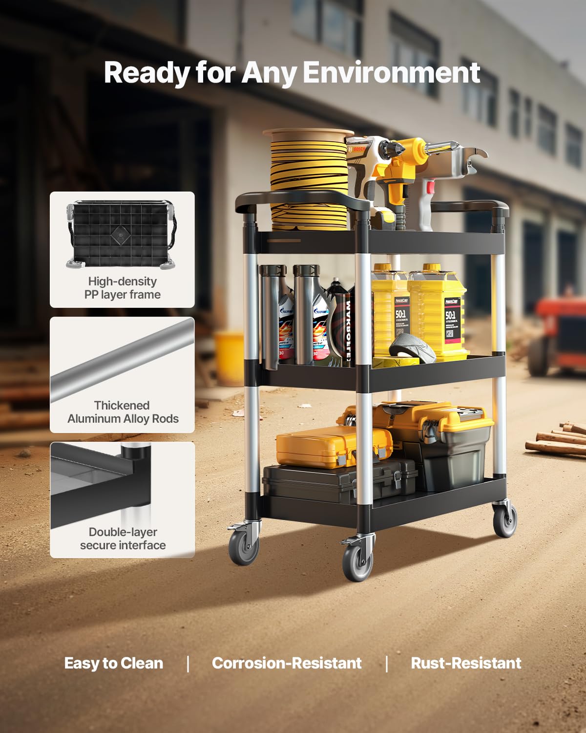 VEVOR - Chariot de service à 3 niveaux, 880x410x990mm, roulettes pivotantes