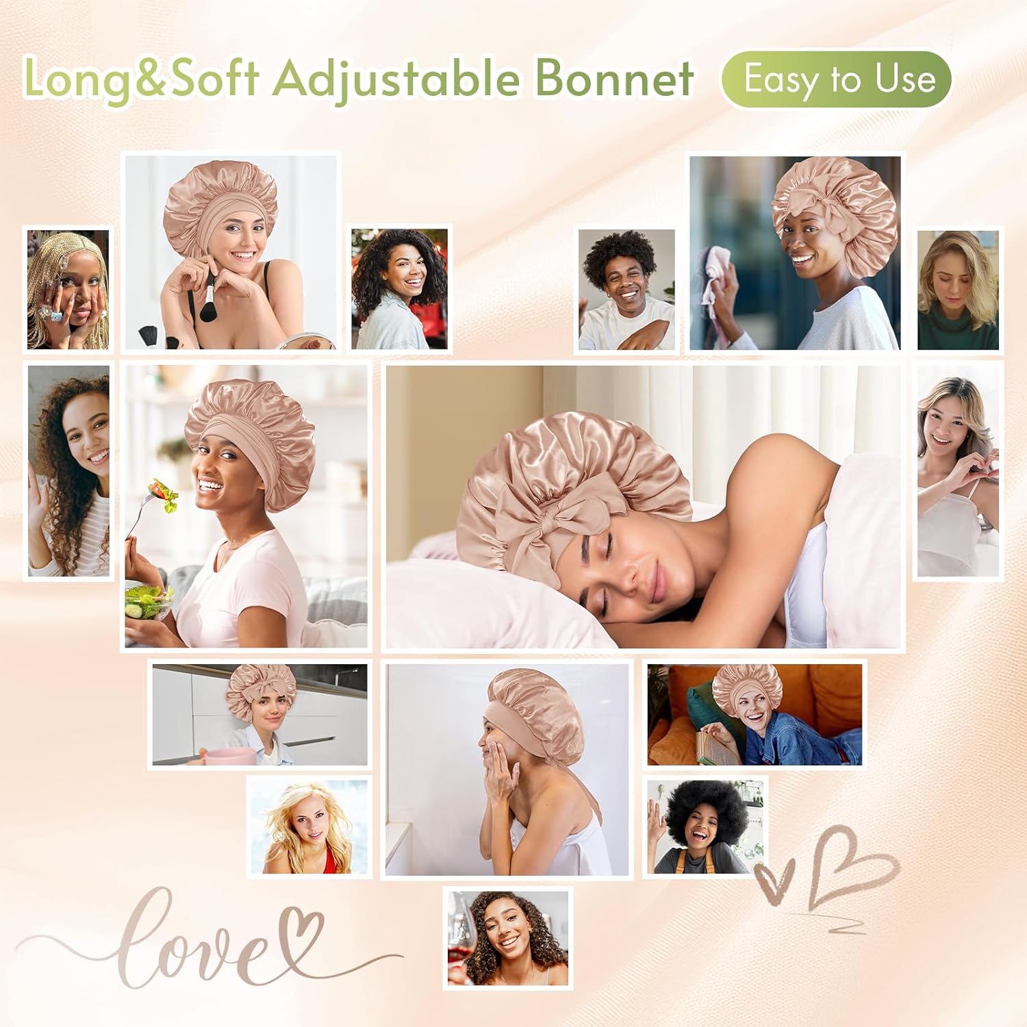 BONNET QUEEN - bonnet satin moyen - ajustable, élastique long, boucle, champagne