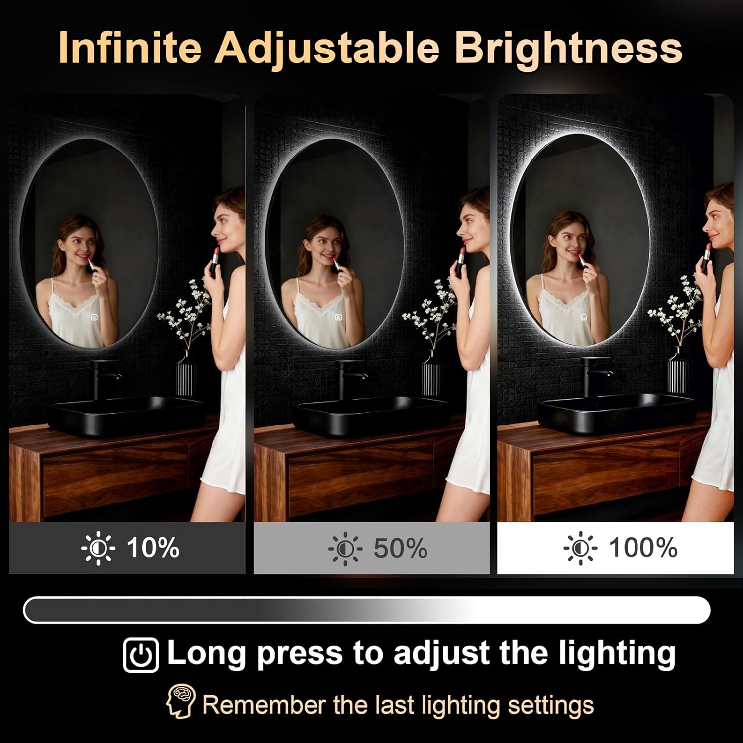 Miroir mural de salle de bain - éclairage LED, tactile, 70x50 cm, 3 couleurs