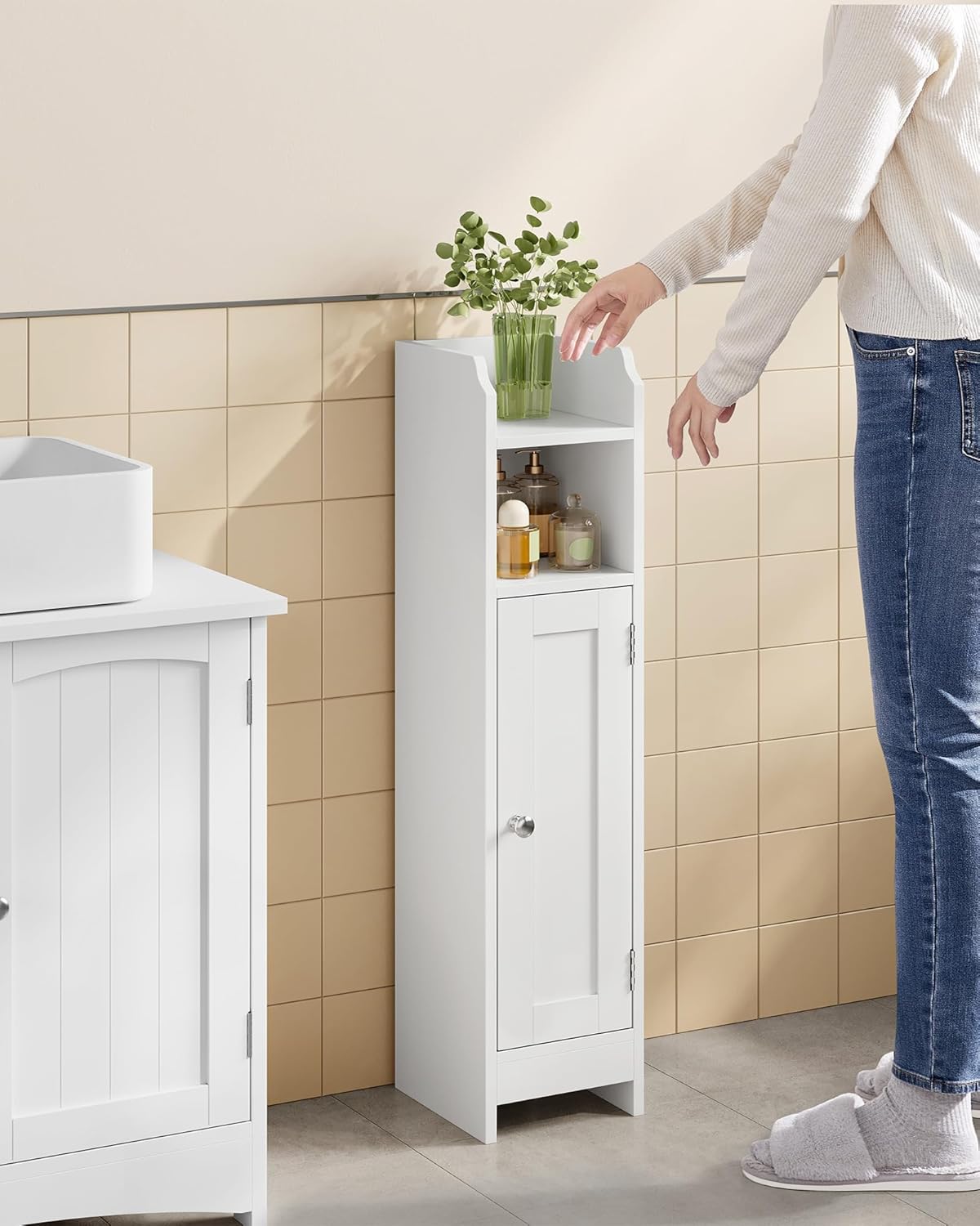 VASAGLE - meuble salle de bain angle, 20x18x80cm, blanc, portes/étagères réglables, BBC310W01