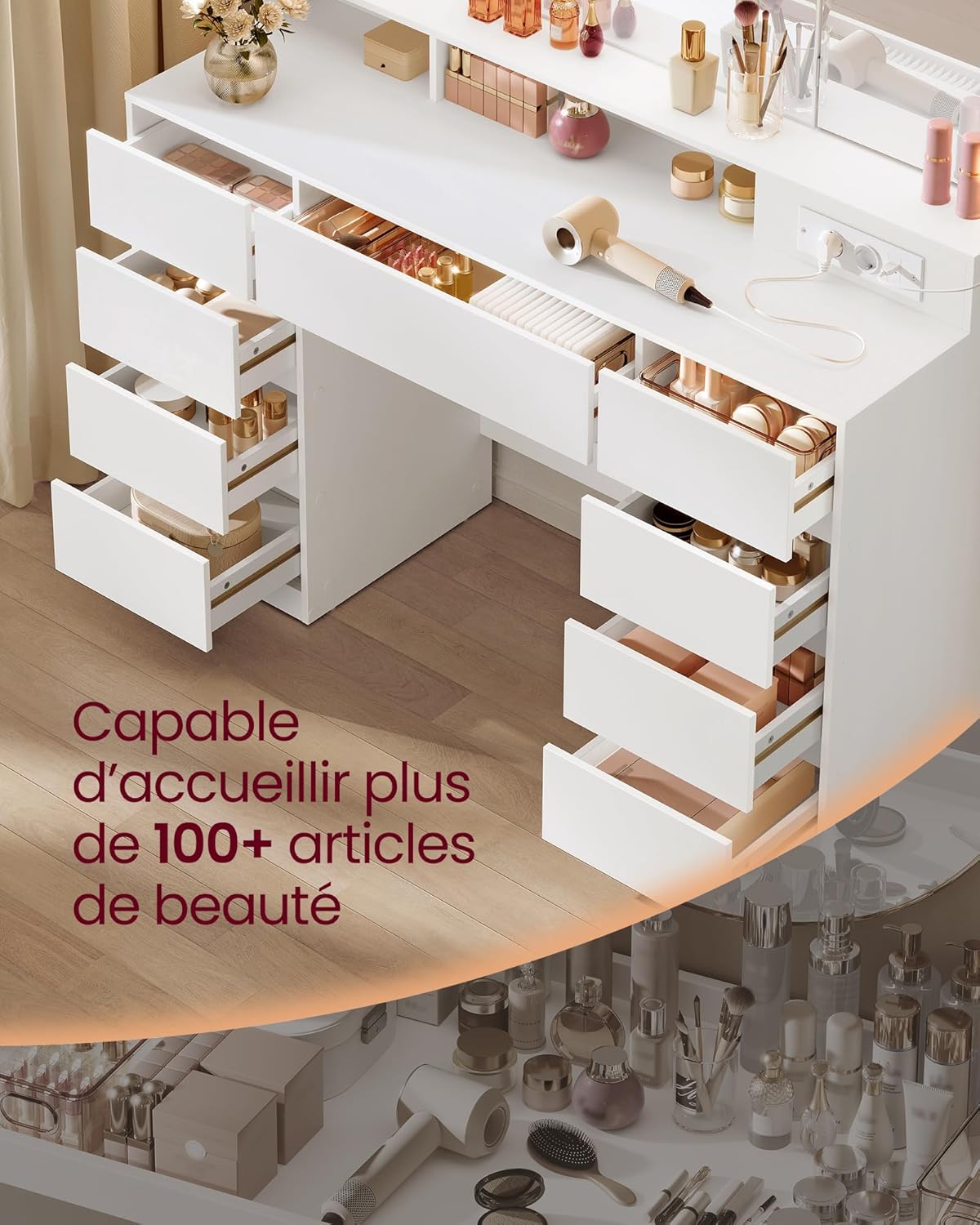 VASAGLE - KAILYN collection - coiffeuse 3 miroirs, 9 tiroirs, multiprise, éclairage LED, blanc - RDT146WB01