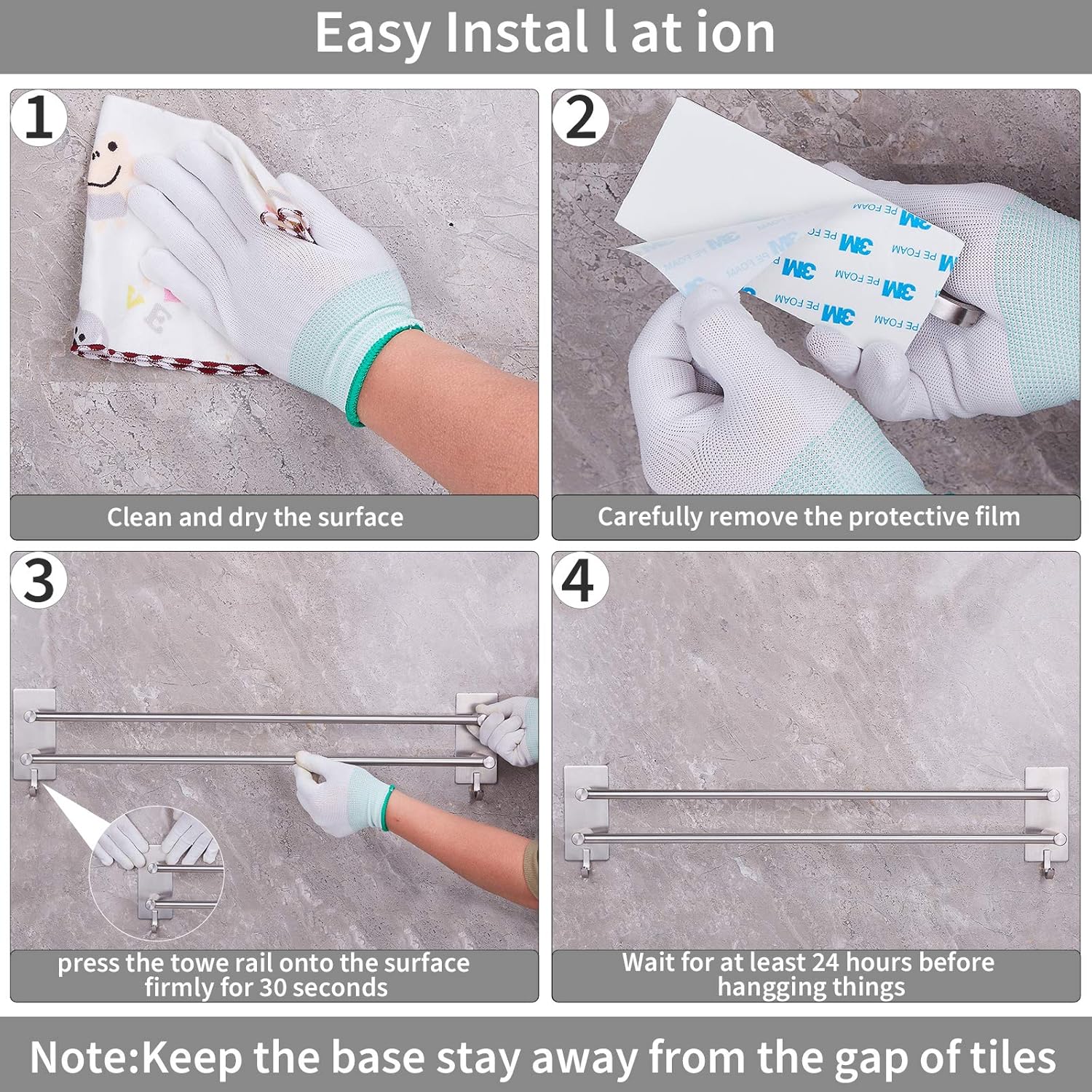 JS - porte-serviettes double, inox 60cm, auto-adhésif, étanche