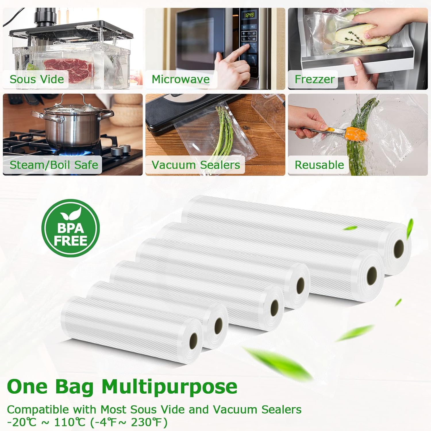 Rouleau sous vide alimentaire - 6 packs, 3 tailles, compatible machines, 28x300cm, 20x300cm, 15x300cm