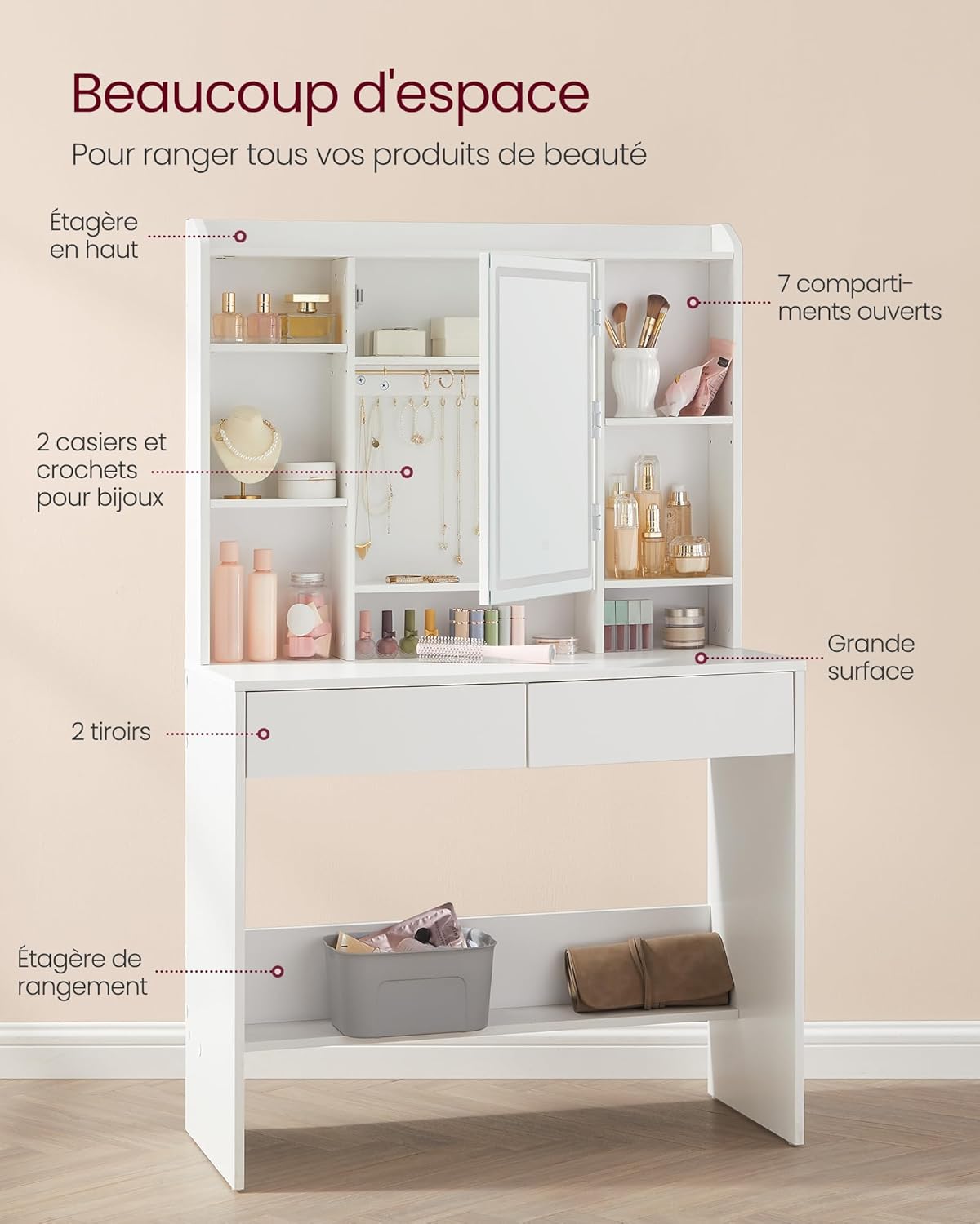 VASAGLE - Kailyn Collection - grande coiffeuse blanche, miroir LED, 2 tiroirs, étagère réglable, RDT123WB01
