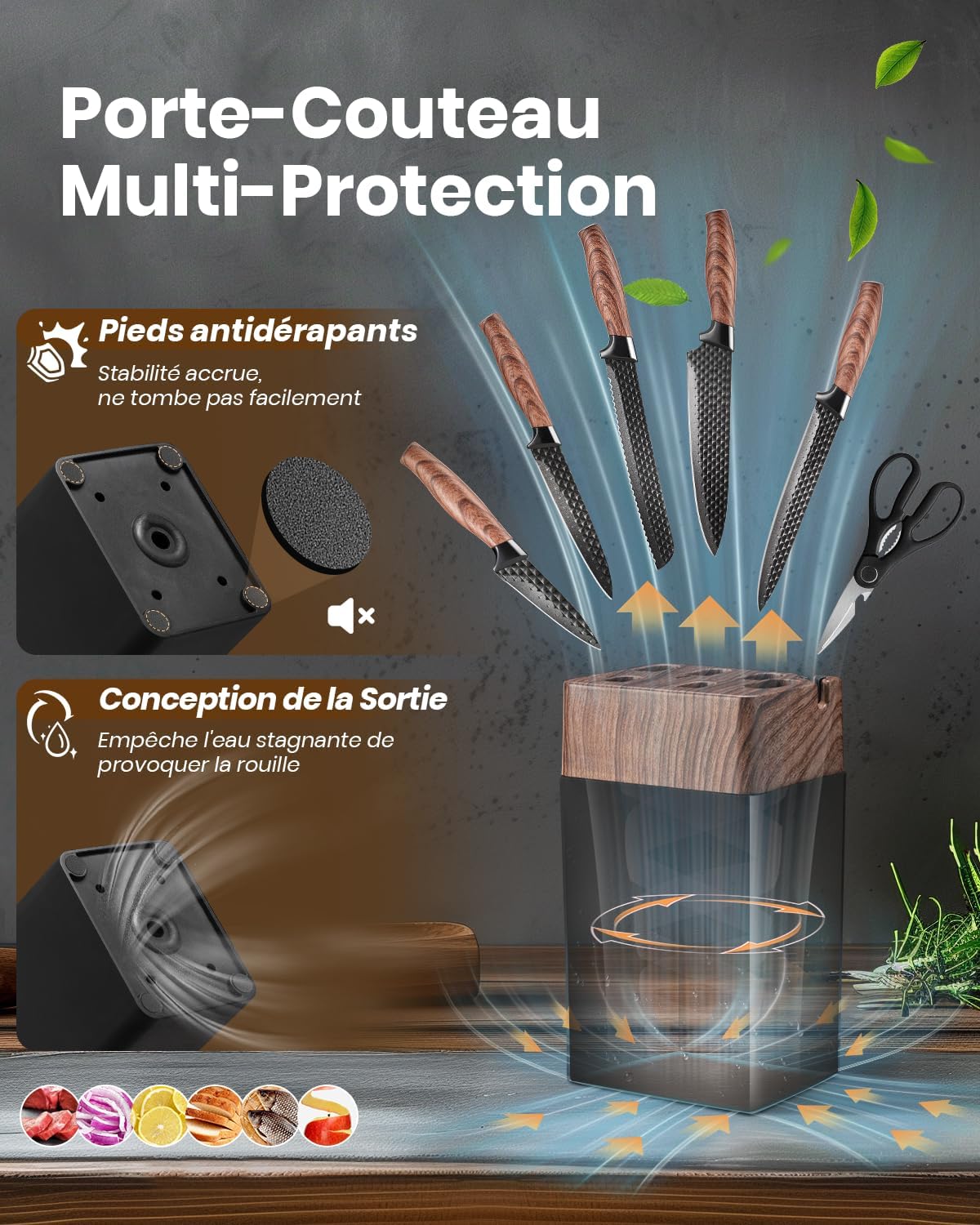 Couteaux de cuisine - set 7 pièces, acier inox, manches ergonomiques, bloc inclus