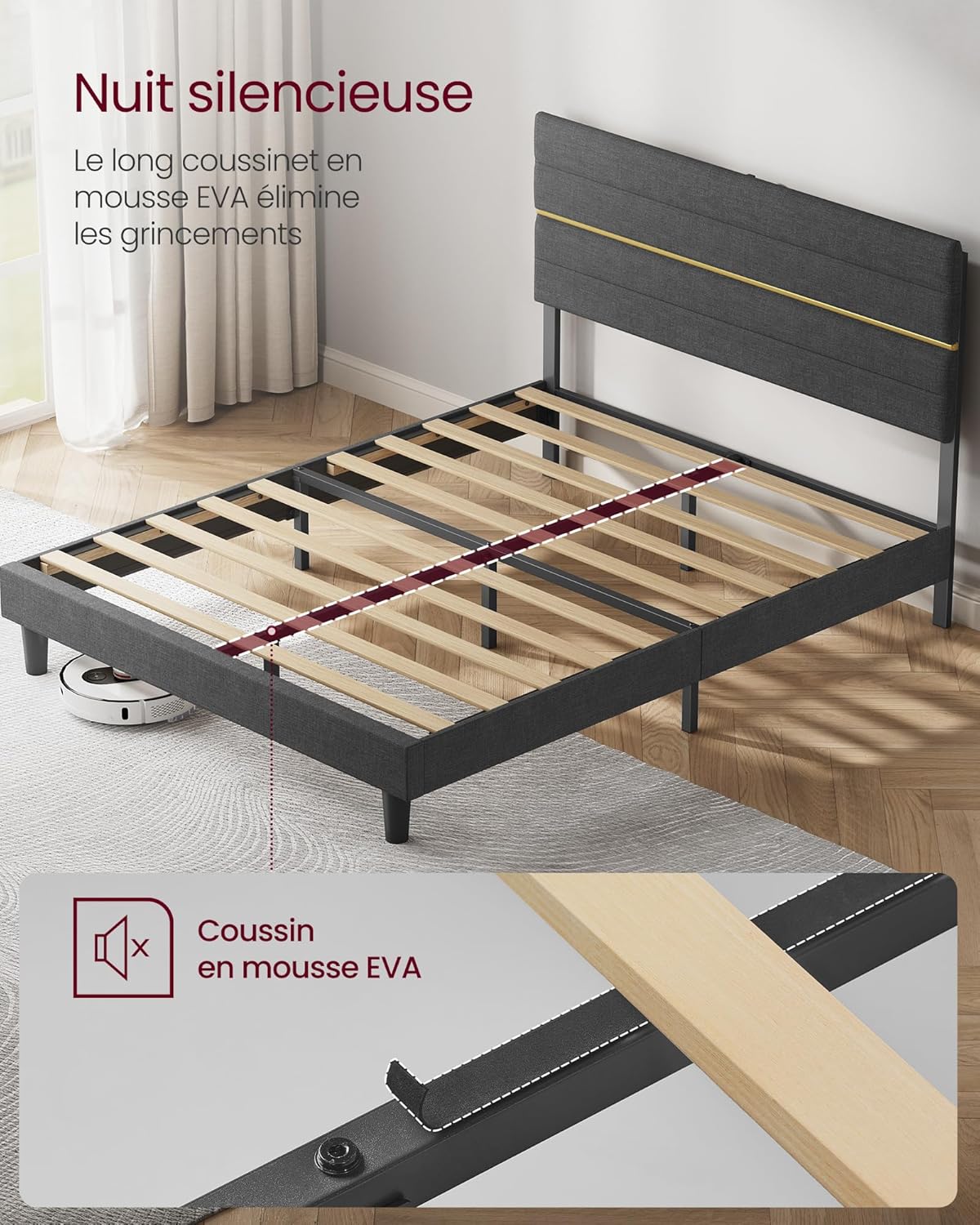 VASAGLE - lit double (série RMB) - 160x200 cm - tête rembourrée, métal, bois massif, gris ardoise - RMB505G01