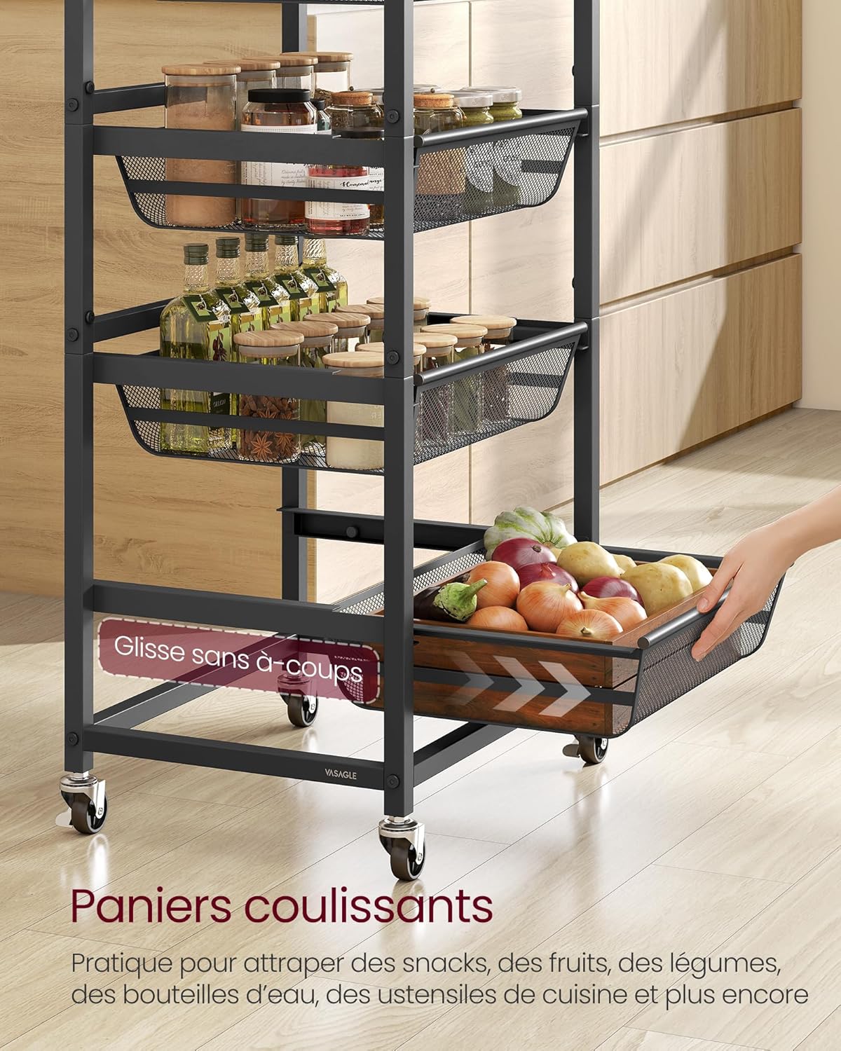 VASAGLE - chariot 5 niveaux, paniers extractibles, 31,7x40x95 cm, roulettes, poignée, LRC041K01