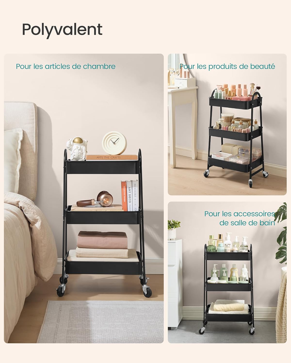 SONGMICS - chariot à 3 niveaux - métal, roulettes, poignées, 2 freins - BSC068B01