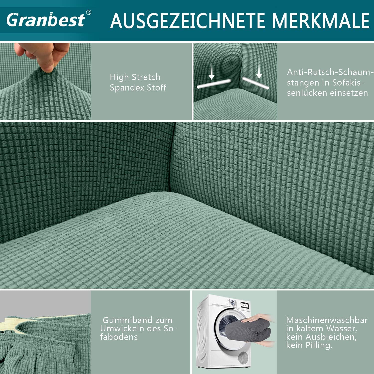 Granbest - housse de canapé jacquard 3 places - élastique, vert sauge