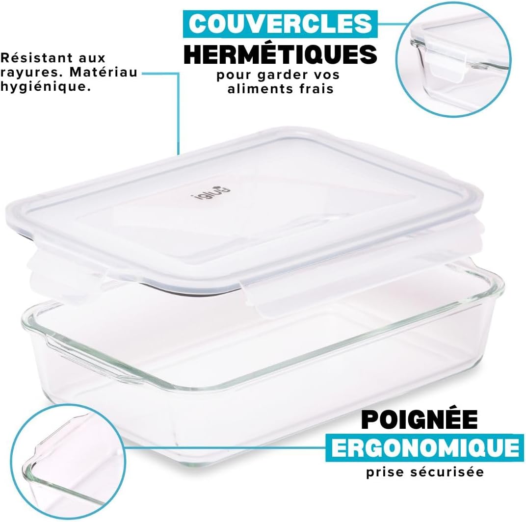 Igluu - Plat à lasagnes verre borosilicate 2,2L - lot de 2, hermétique, compatible four et micro-ondes