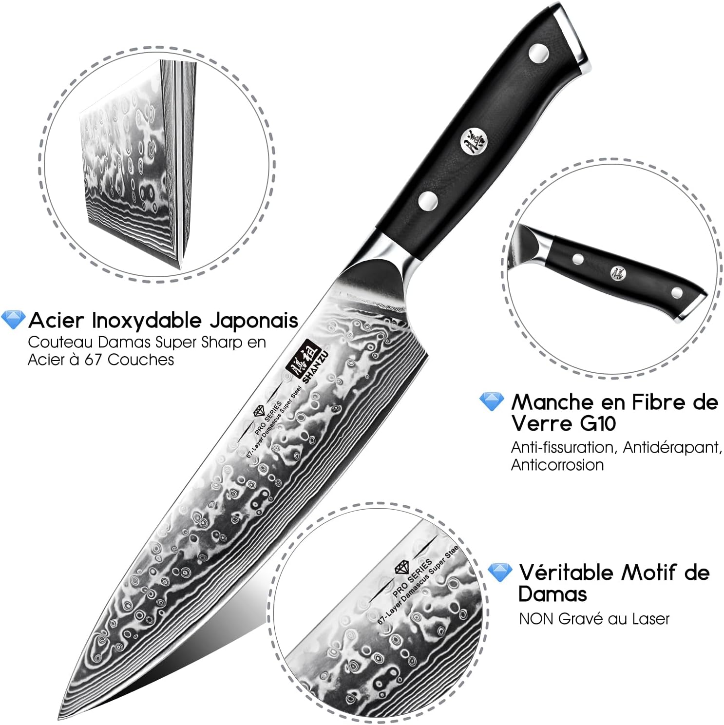 SHAN ZU - PRO Series - 20cm - Couteau chef japonais Damas 67 couches, poignée G10