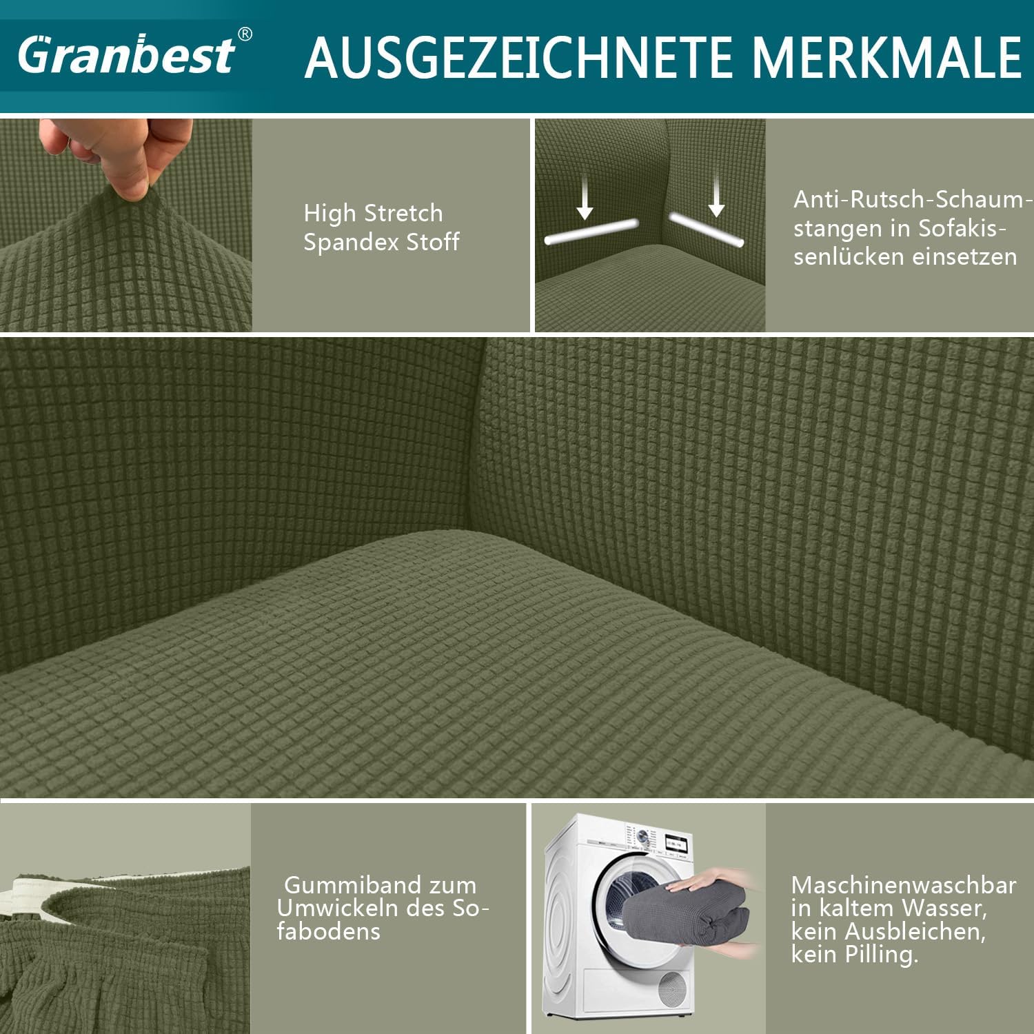 Granbest - housse canapé extensible jacquard - 3 places - vert, protection animaux