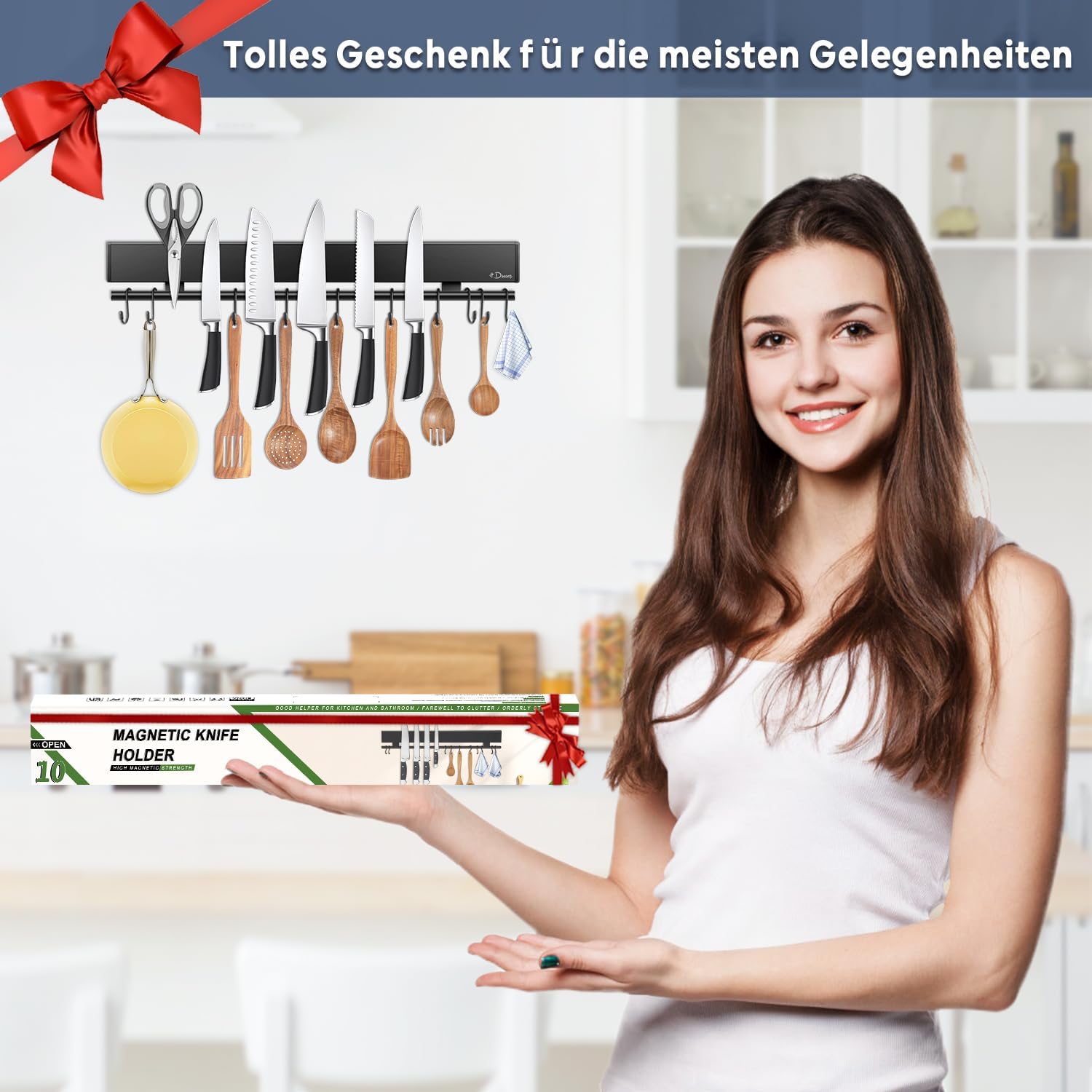 Dmore - Barre magnétique noire 43 cm, 10 crochets, adhésif inclus