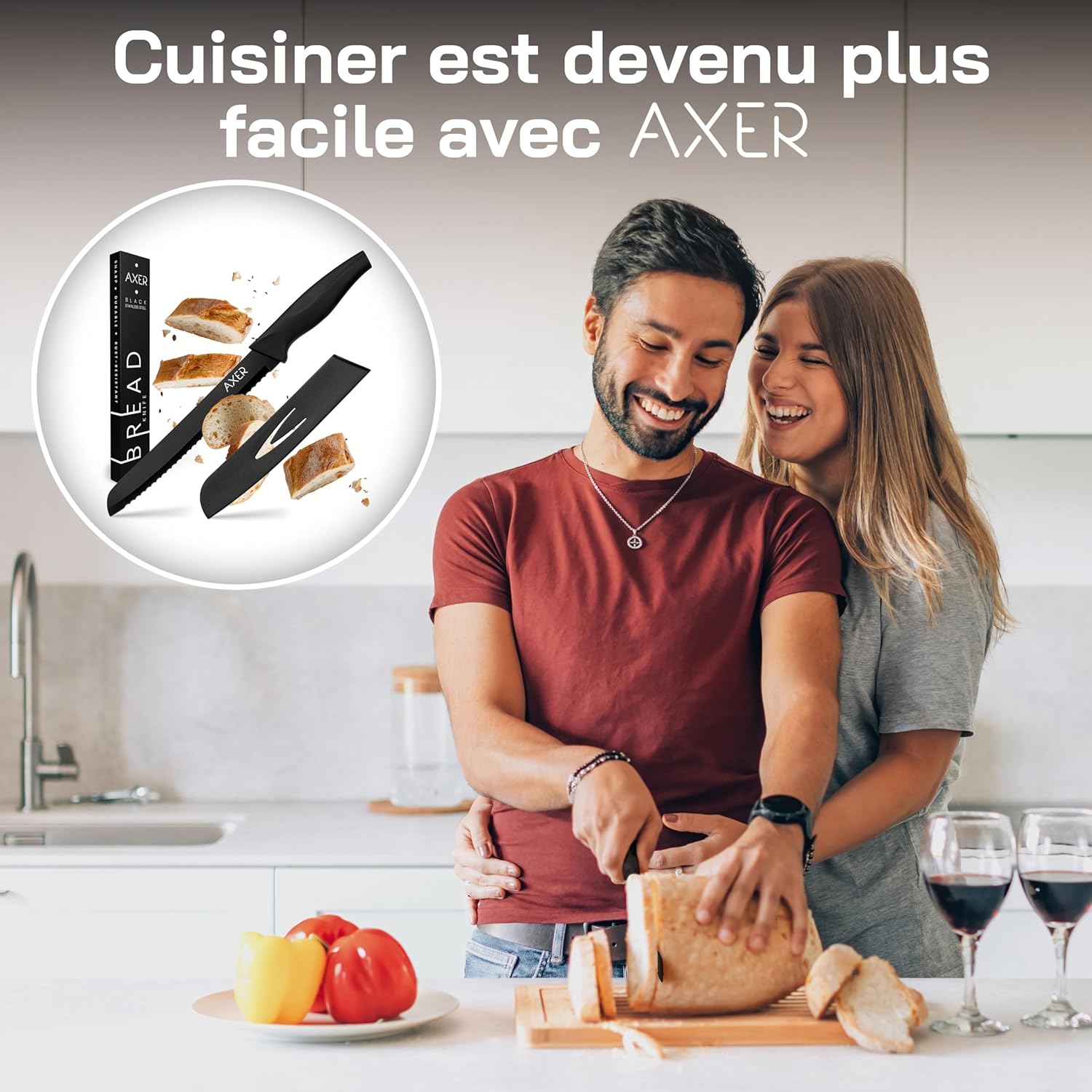 Couteau à pain - étui inclus, lame noire, boîte de rangement