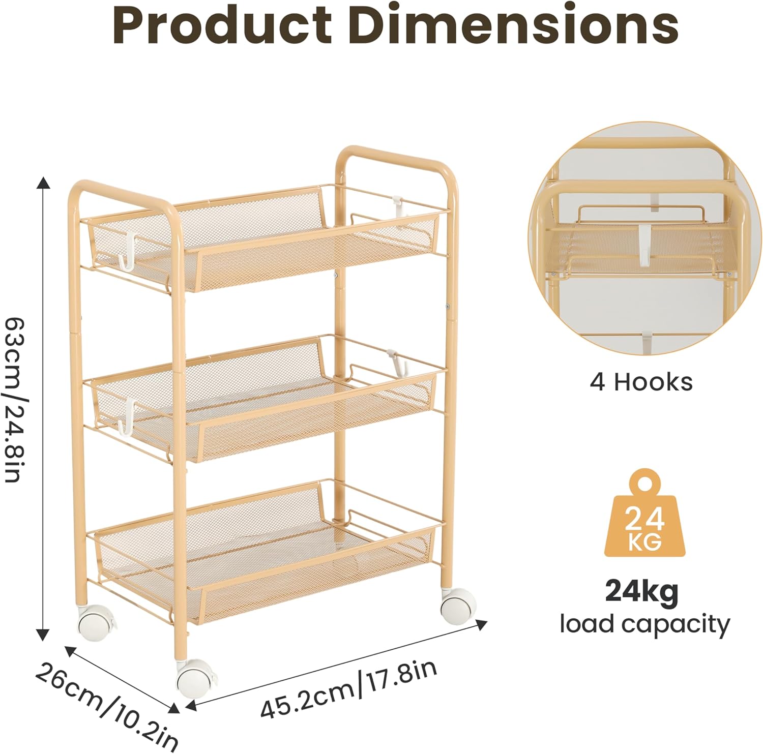 Chariot métallique - 3 étagères, poignées, roulettes, orange, cuisine