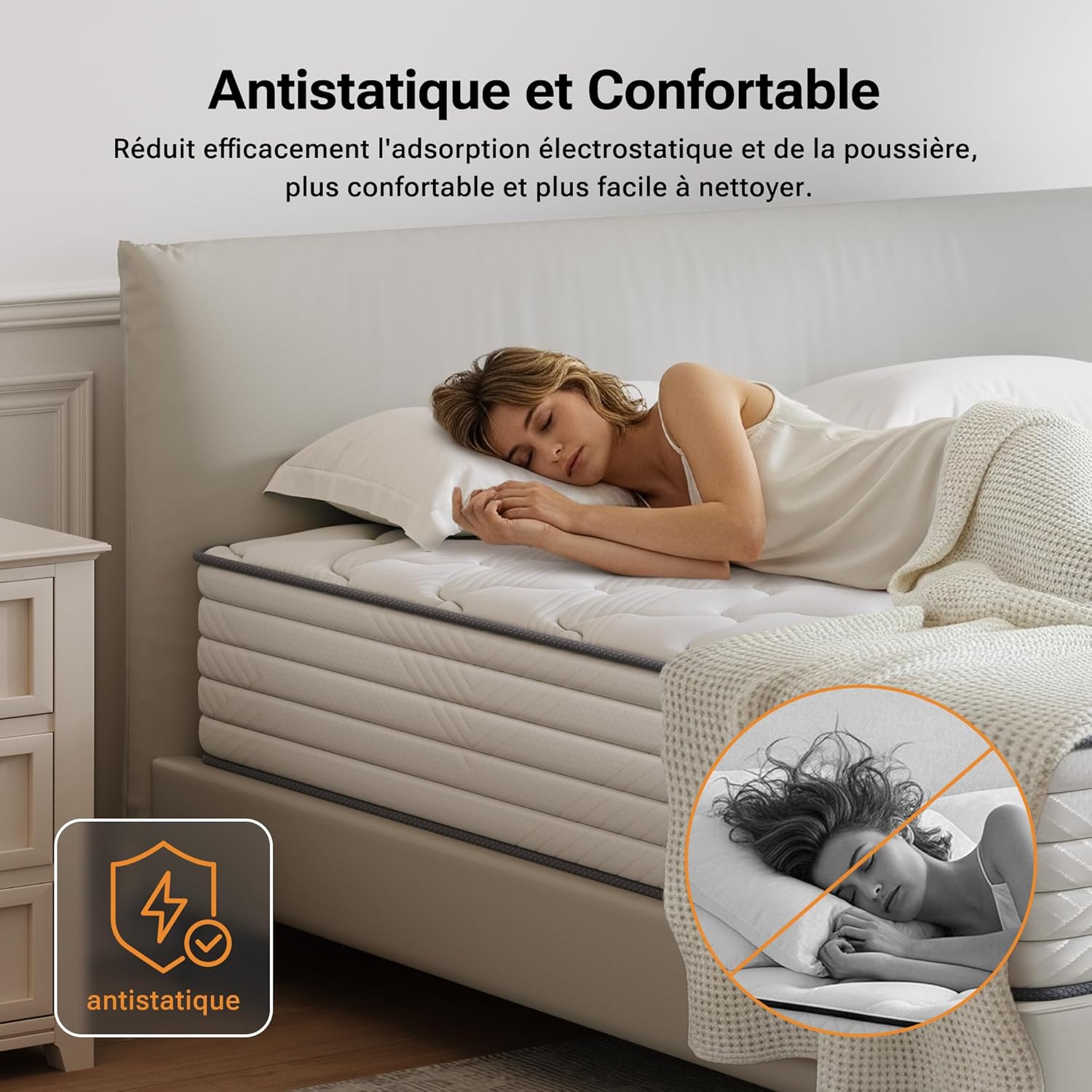 TXO - Matelas hybride 140x190 cm, 25 cm, soutien 7 zones, H3, Oeko-Tex